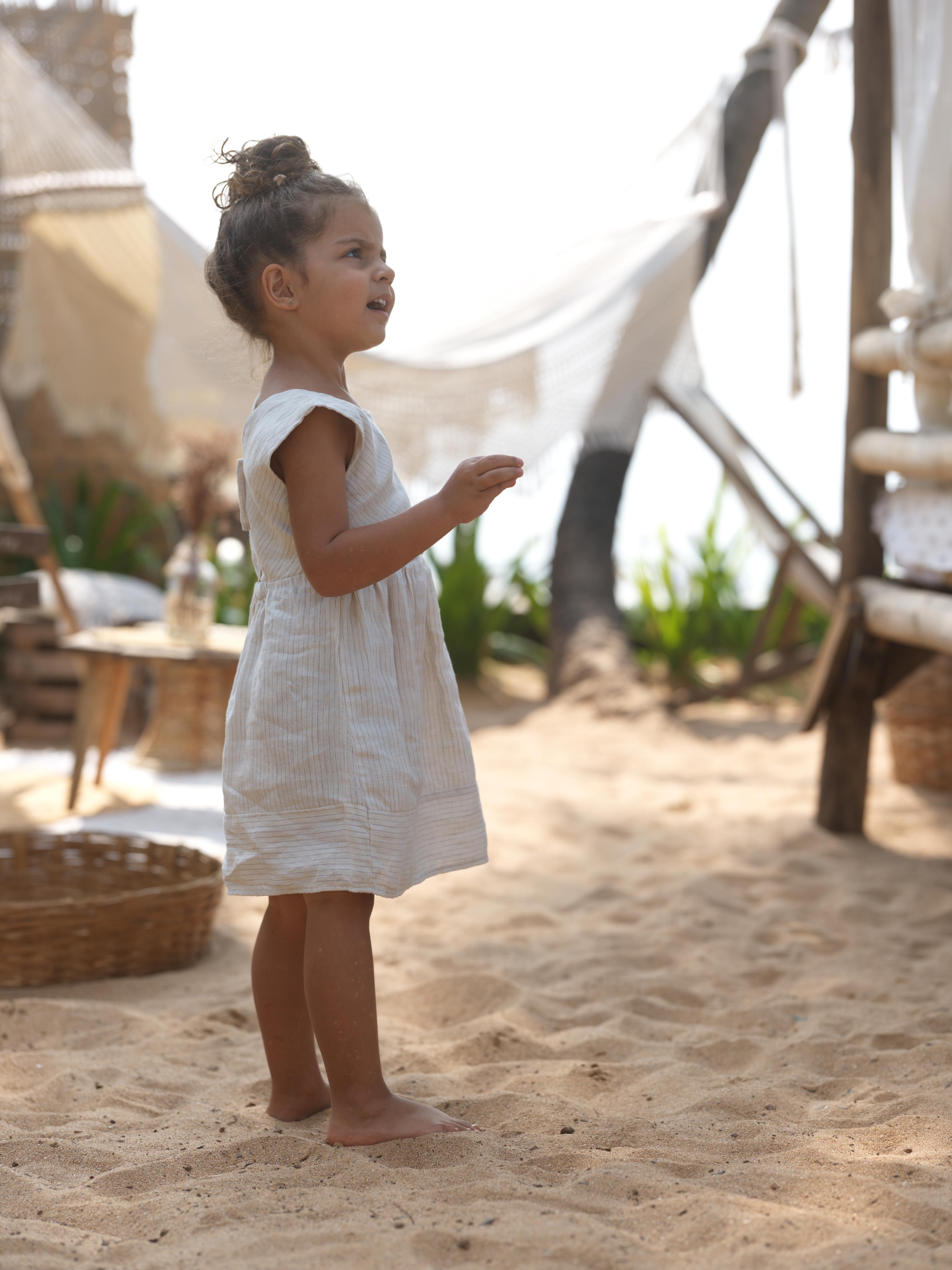 Girls Round Neck Back Opening Dress Beige Lines