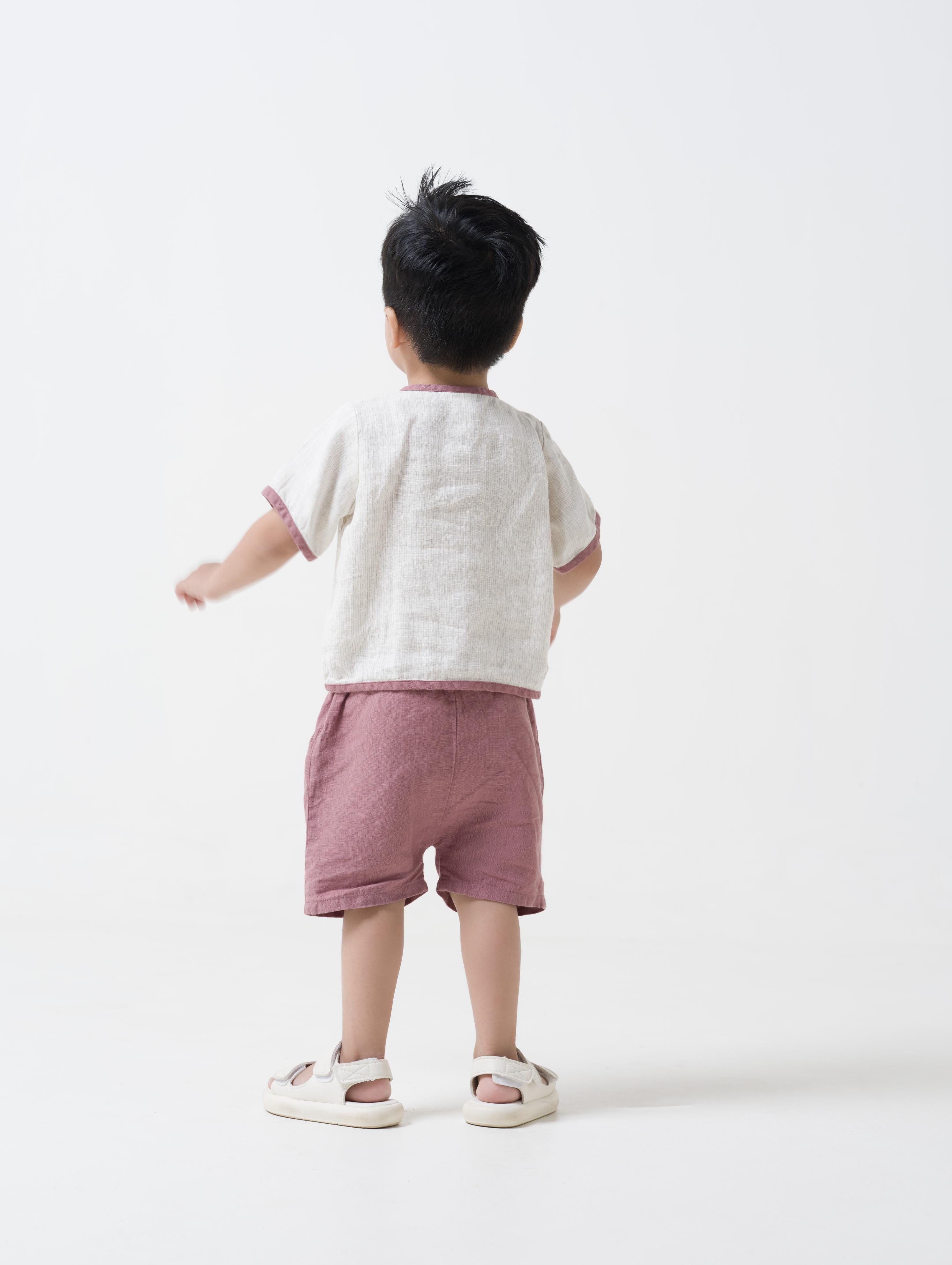 Drawstring Shorts & Shirt Set Shirt - Beige Hairline Stripe - Shorts Rose gold