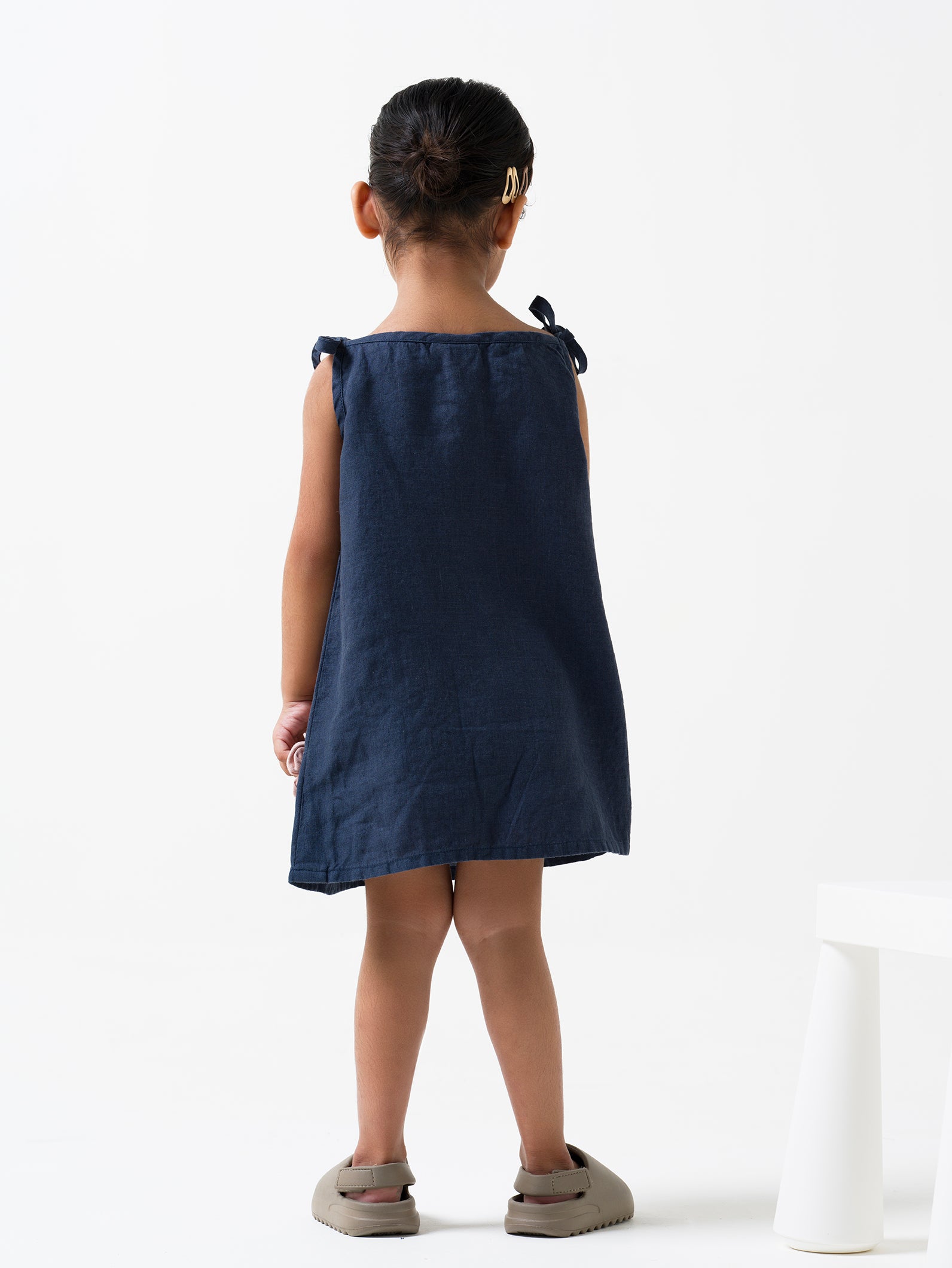 Navy Blue Tie-Up Shoulder Flower Frock