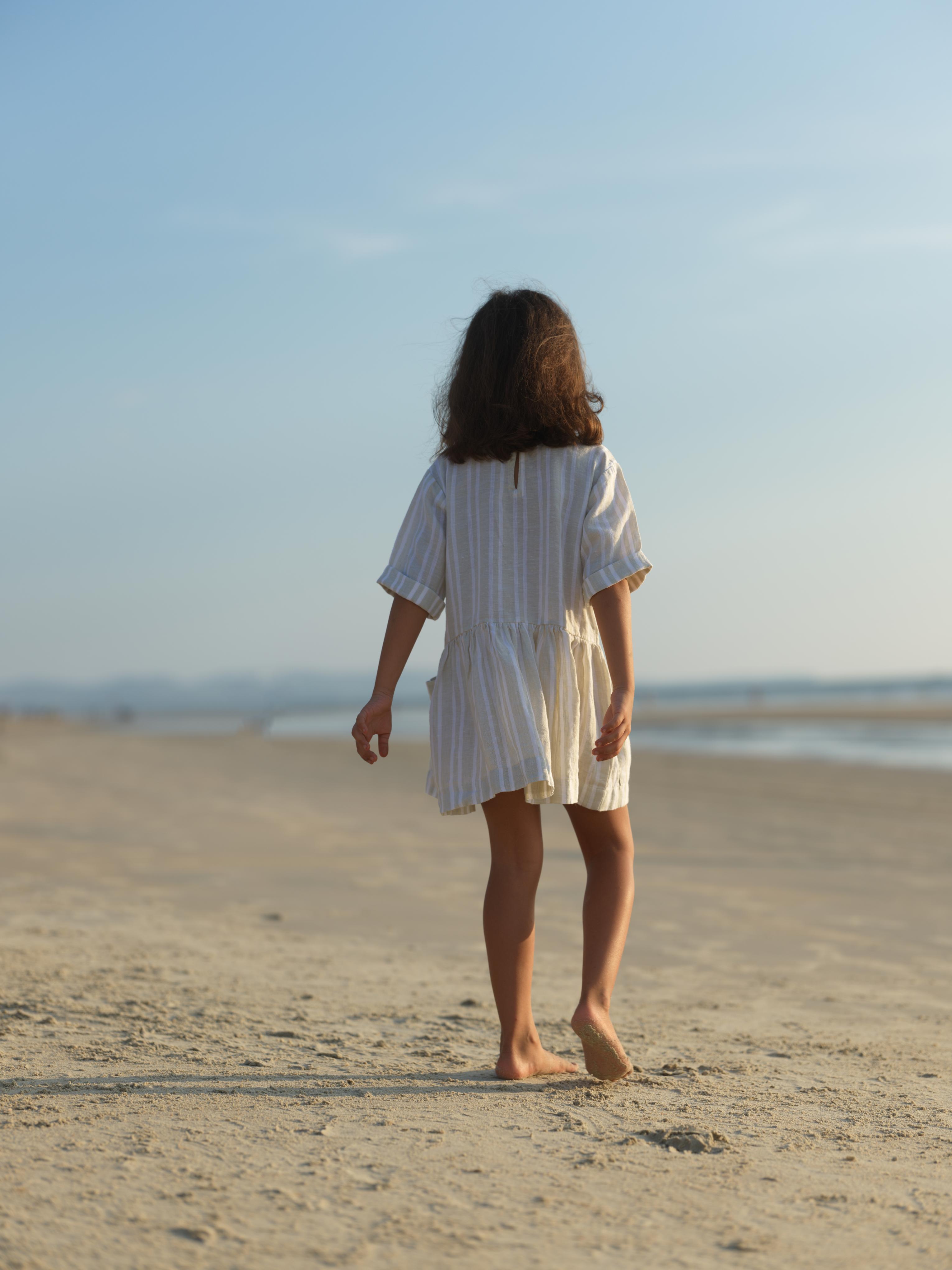 Girl Patch Pocket Drop Shoulder Dress Beige Double Stripe