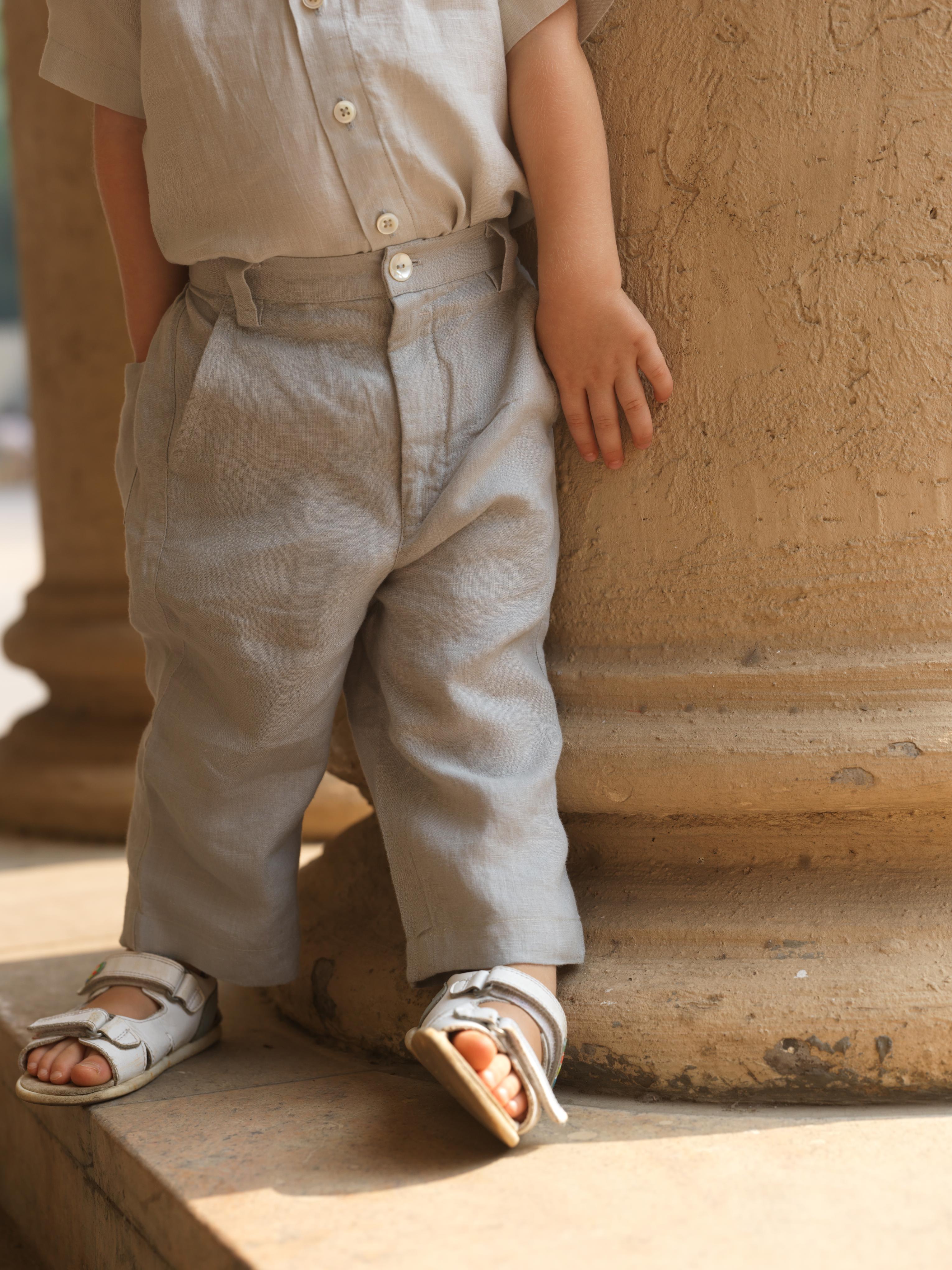 Boys Mandarin Collar Shirt & Shorts Co-Ord Light Grey