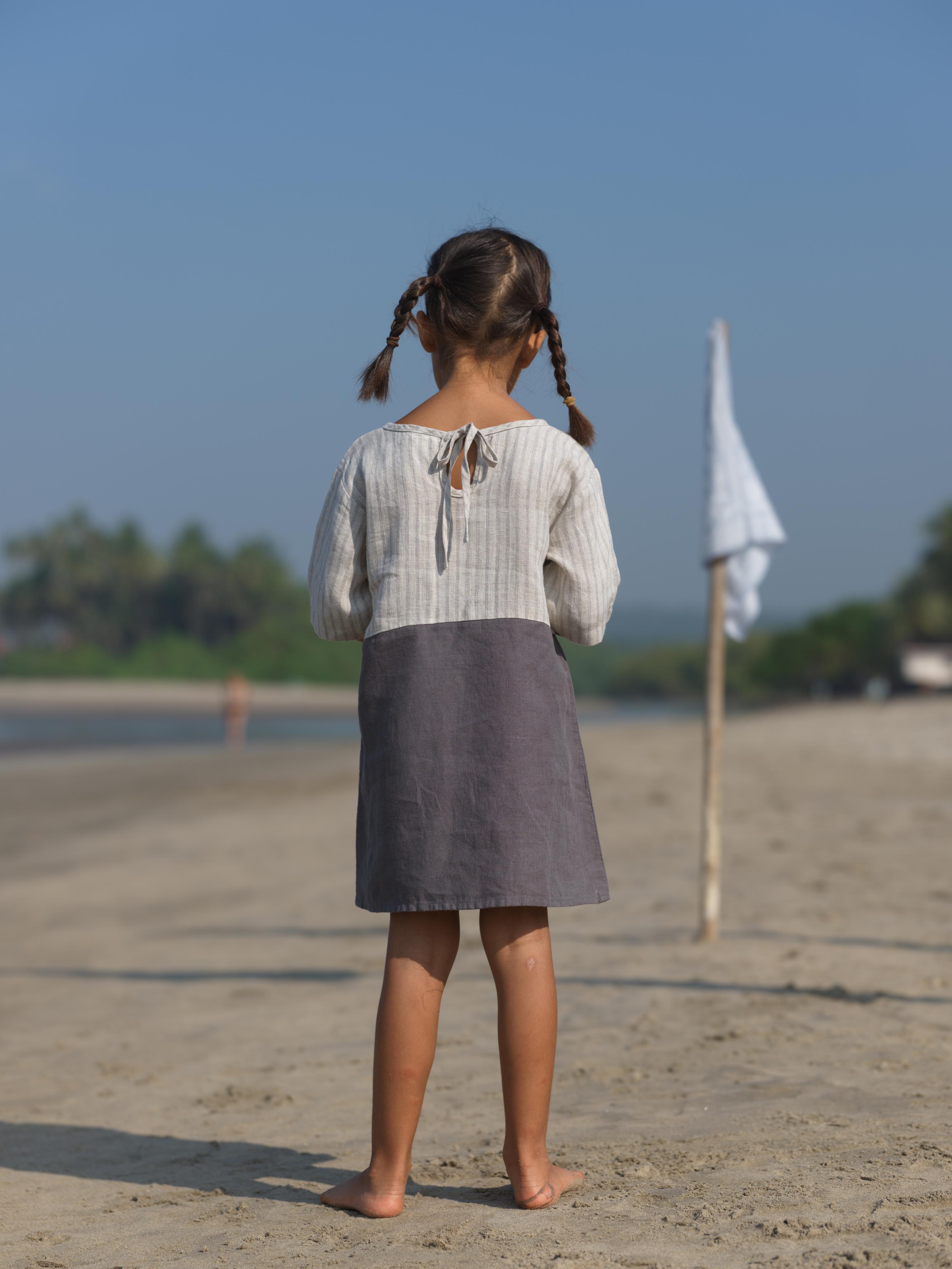 Girls Two Colour Casual Dress Cloud Grey Pencil Stripe / Stone Grey