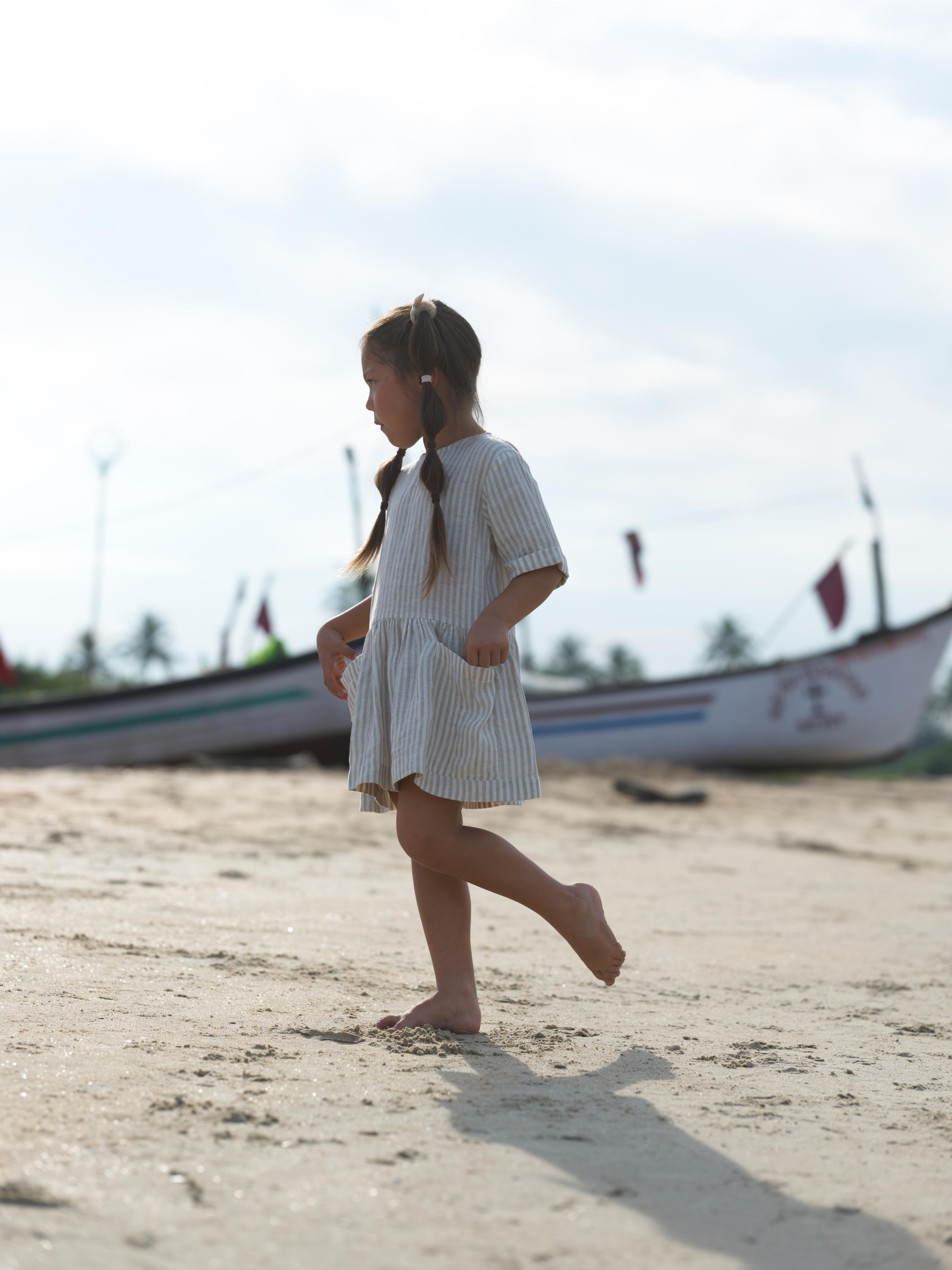 Girl Patch Pocket Drop Shoulder Dress Beige Stripes