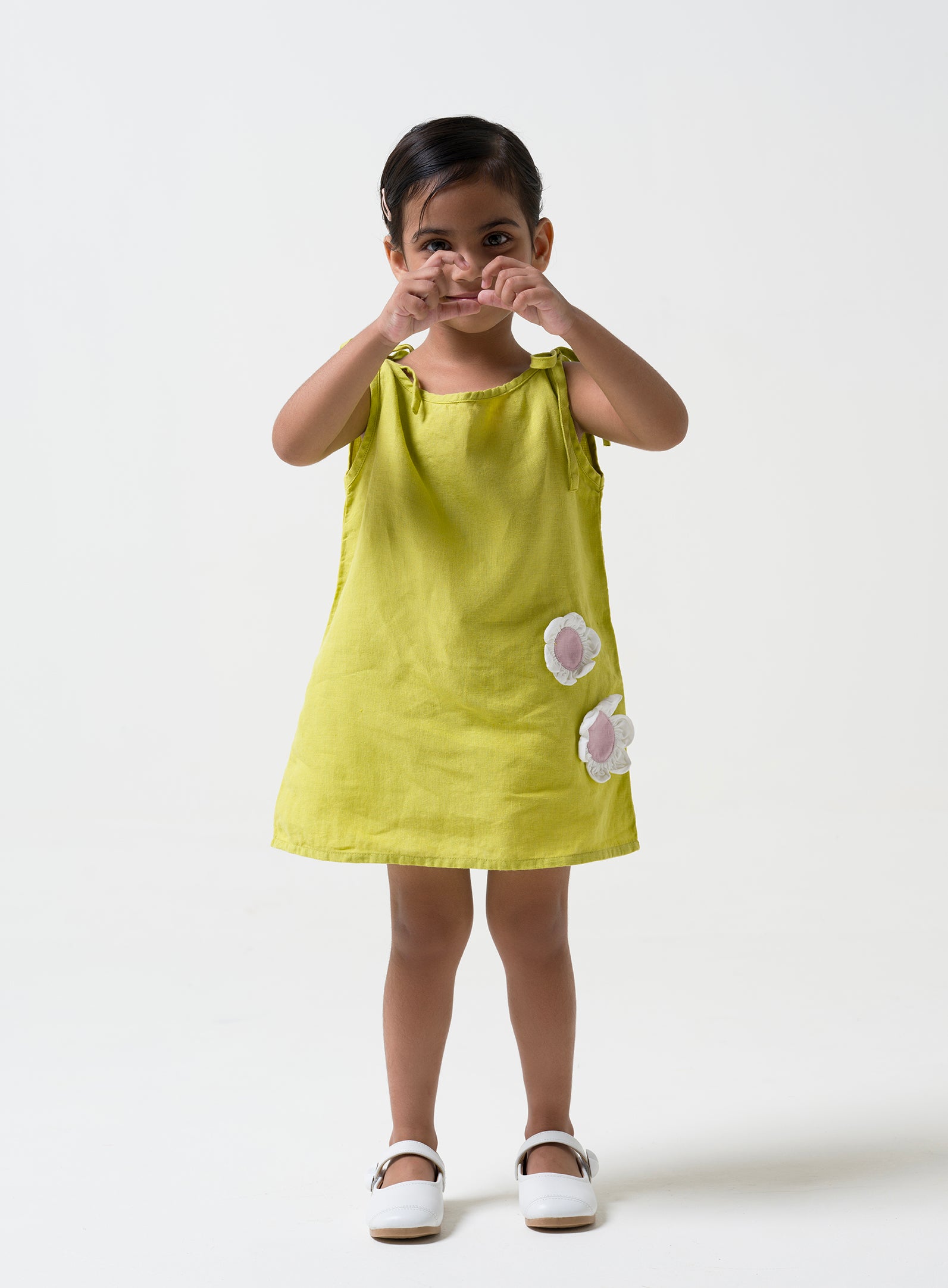 Lime Tie-Up Shoulder Flower Frock