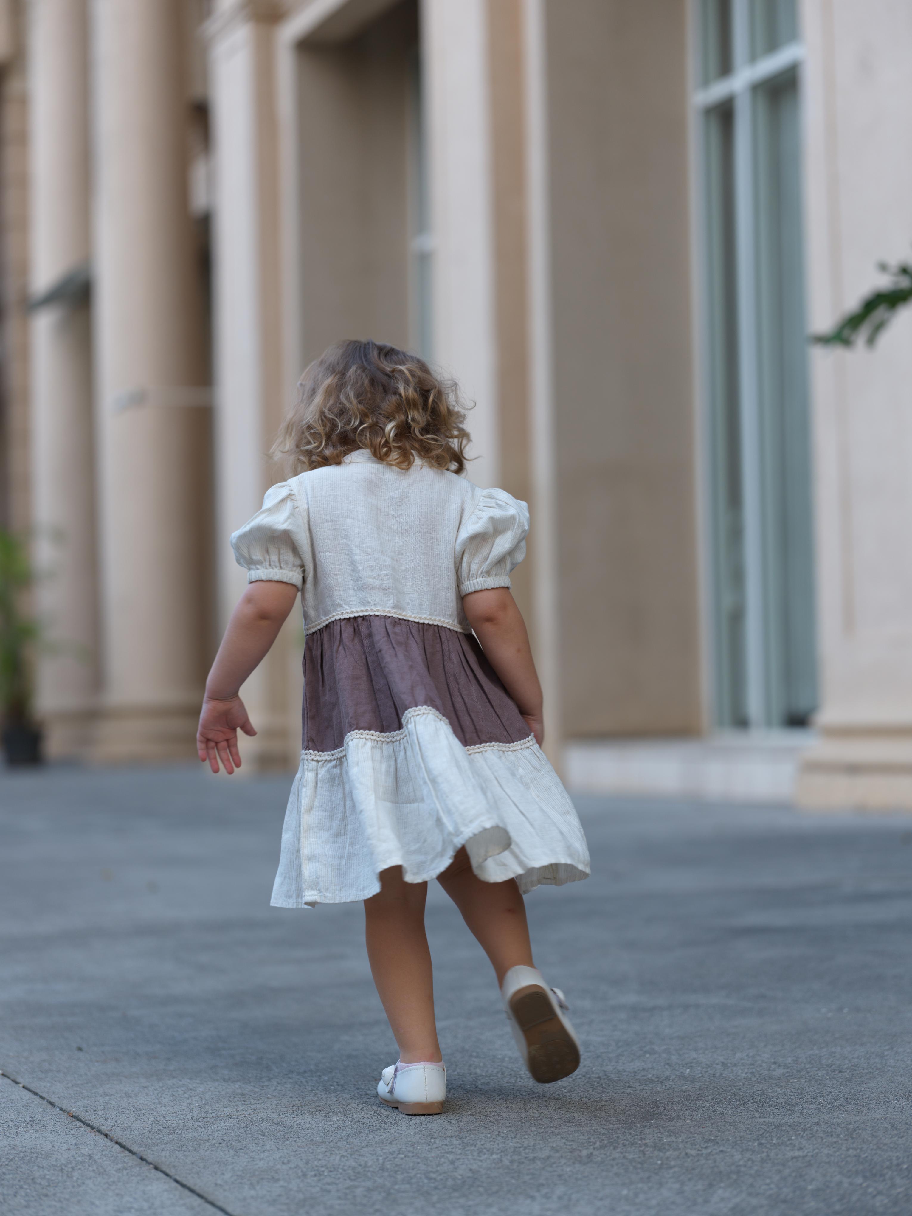 Girls 3 Tier V-Neck Dress Beige Hairline Stripe / Brown