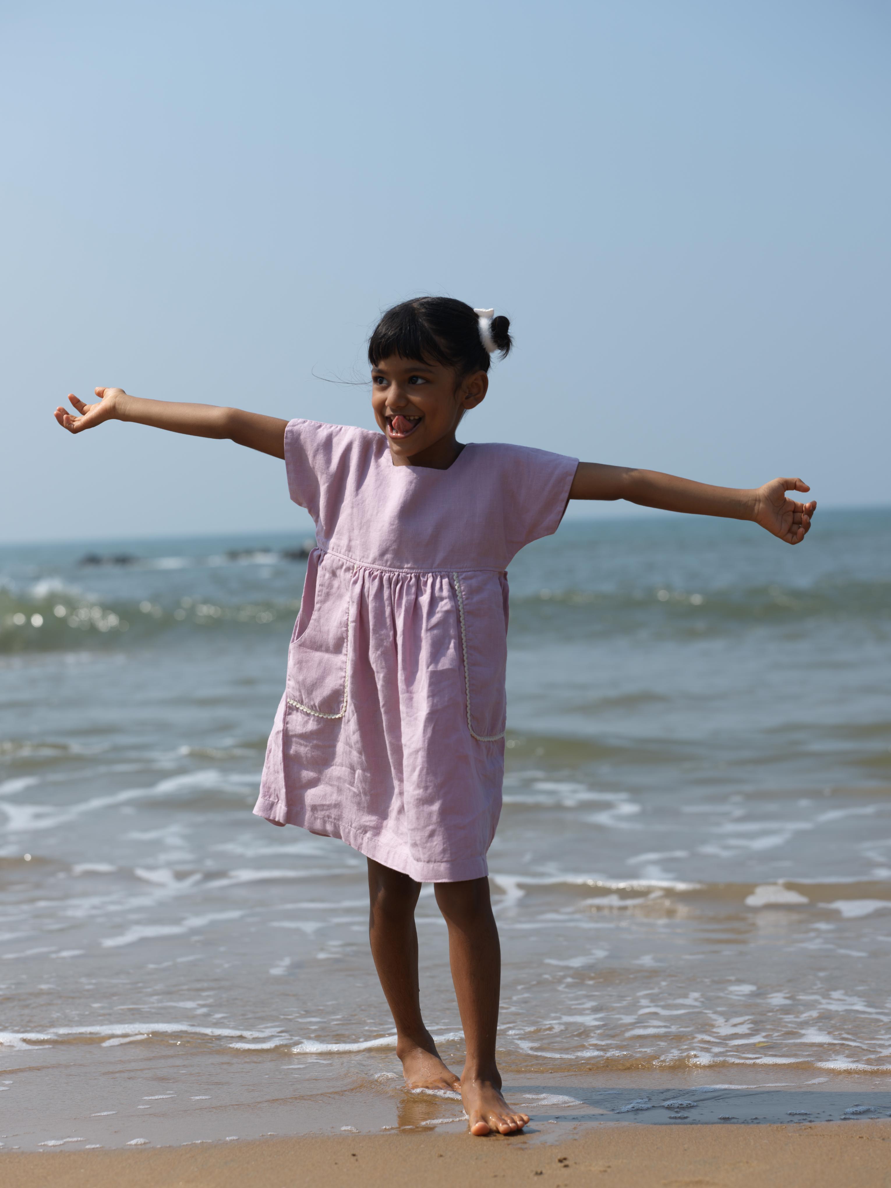 Girls Patch Pocket Tie-Back Dress Cameo Pink