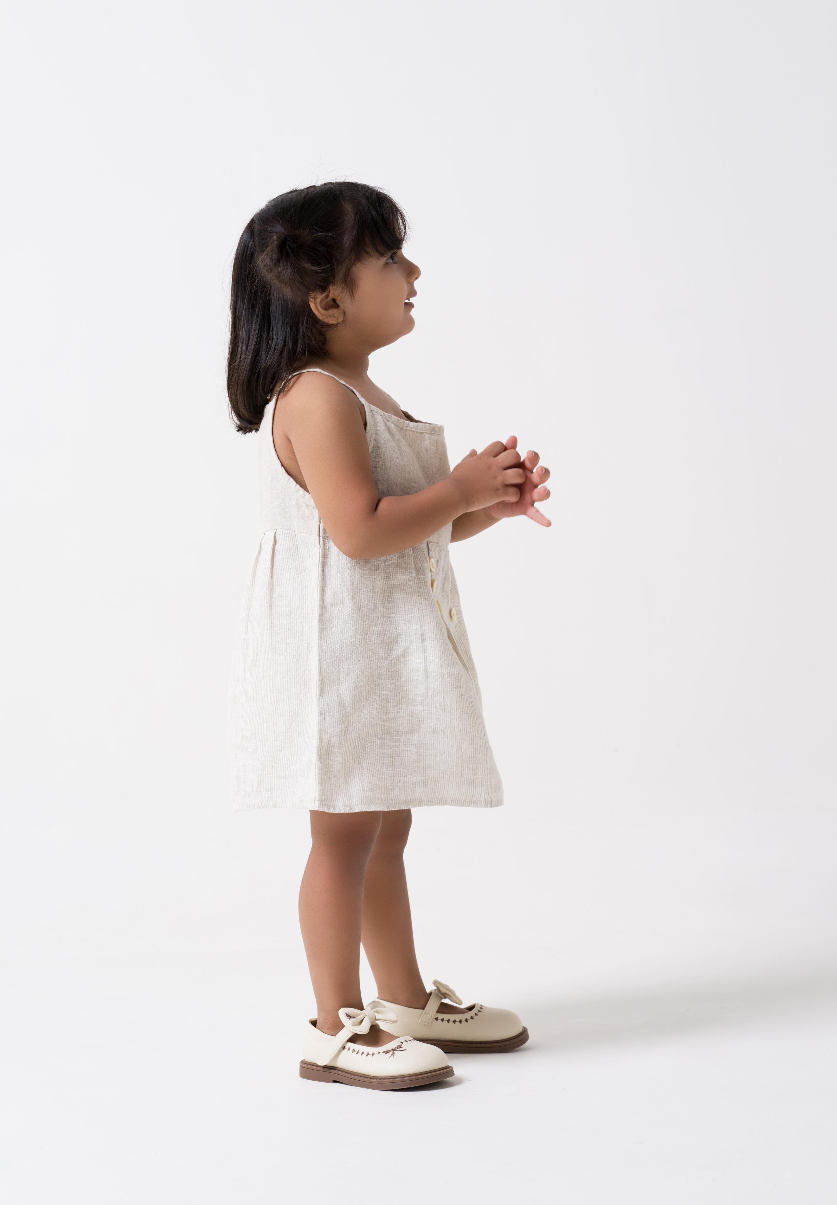 Buttons Detailed Frock Yoke - Cookie & Cream - Dress - Fade Fine Stripe