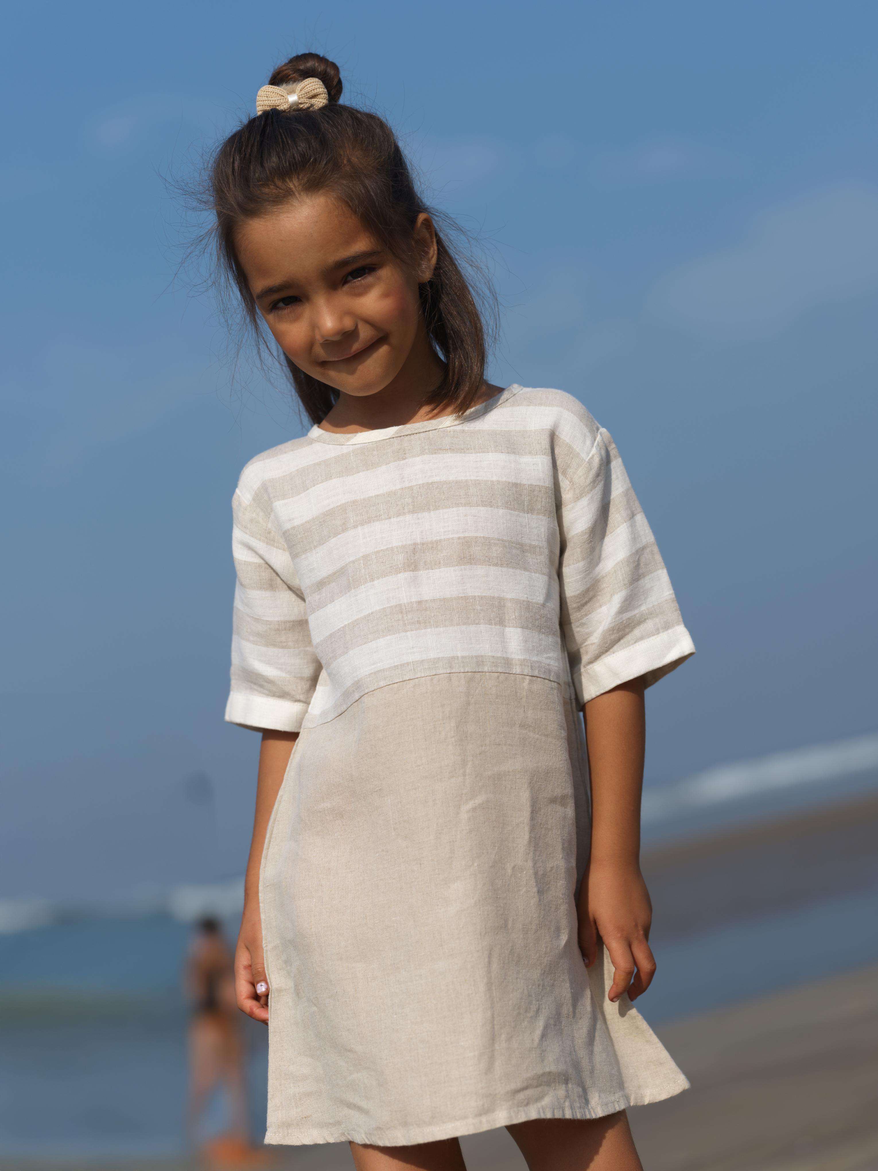 Girls Two Colour Casual Dress Beige Cabana Stripe / Natural