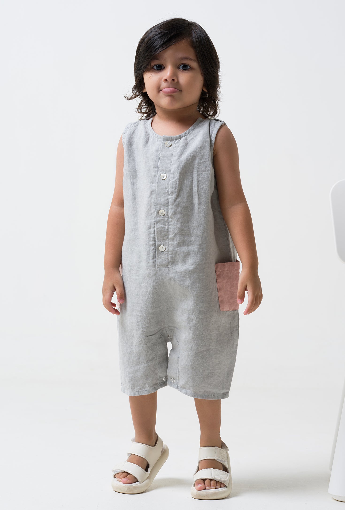 Patch Pocket Romper - Cloud Grey Pocket - Flamingo