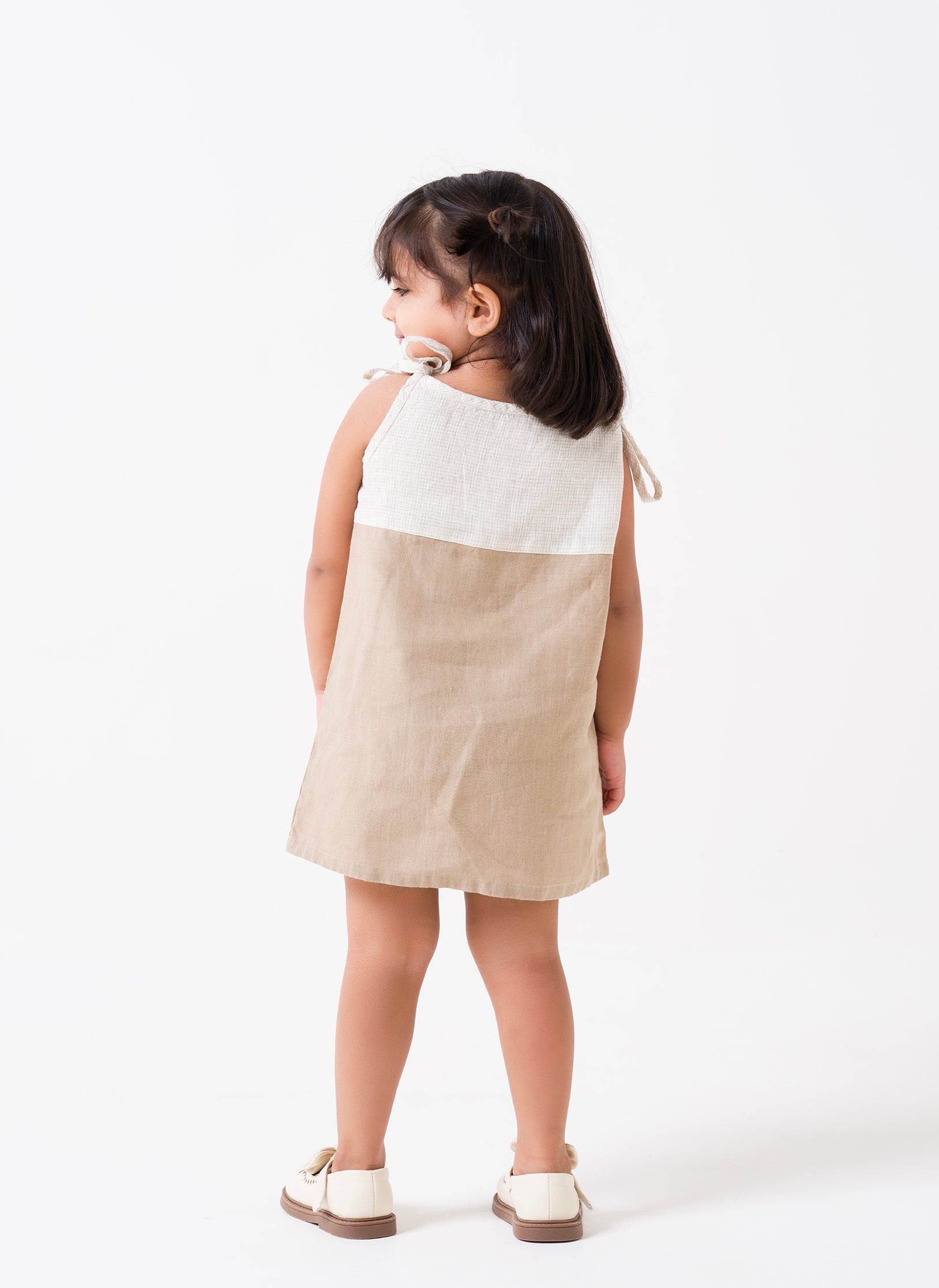 2 Colours Tie-up Yoke - Ivory Checks - Frock - Desert Sand
