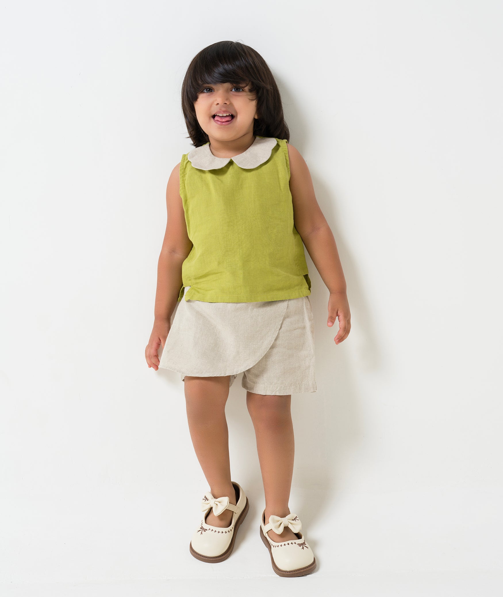 Peter-Pan Collar Top and Skorts Set Top- kiwi Green - Bottom & Collar- Natural