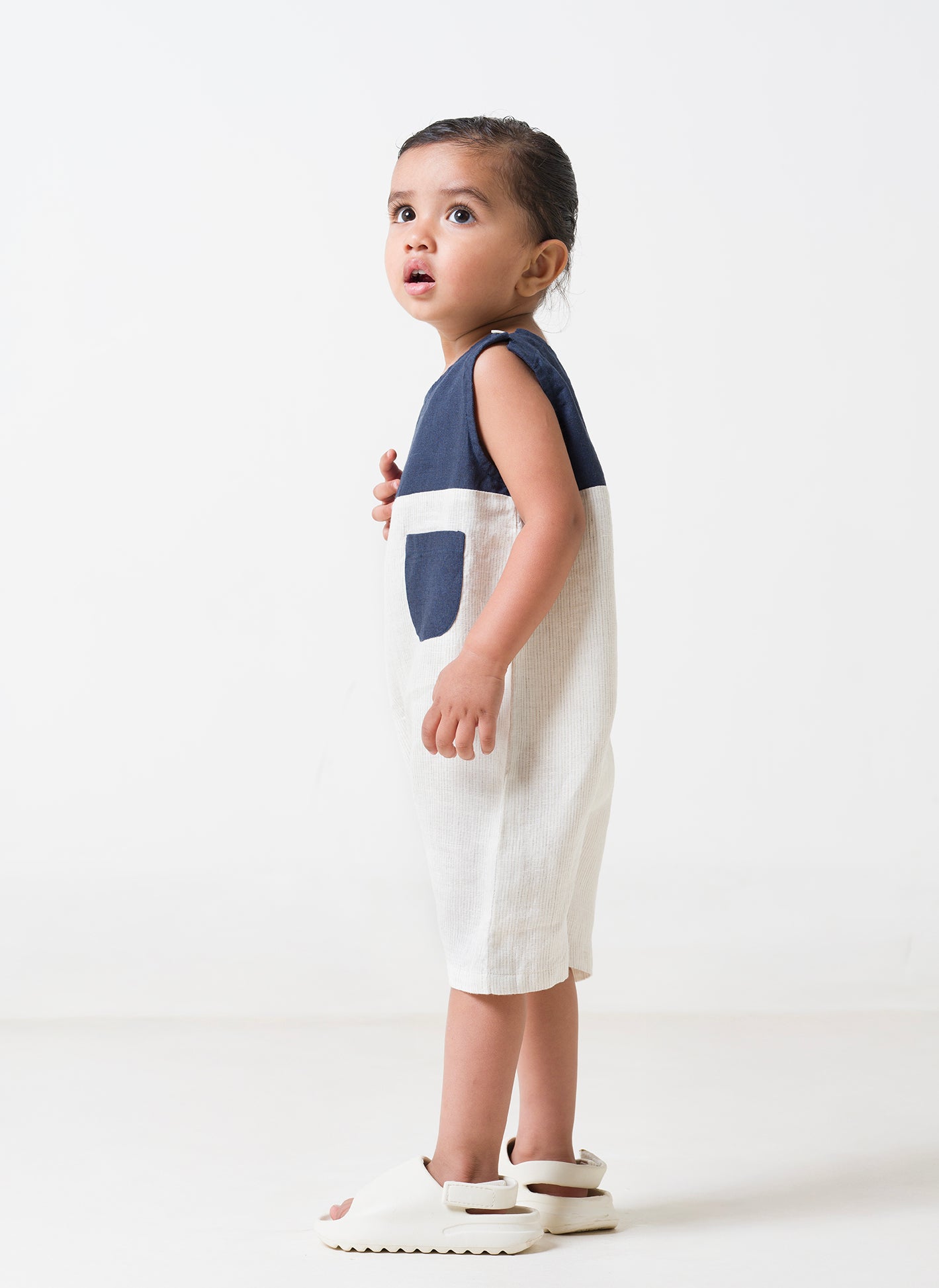 2 Colour Romper - Beige Hairline Stripe - Yoke & Pocket - Navy Blue