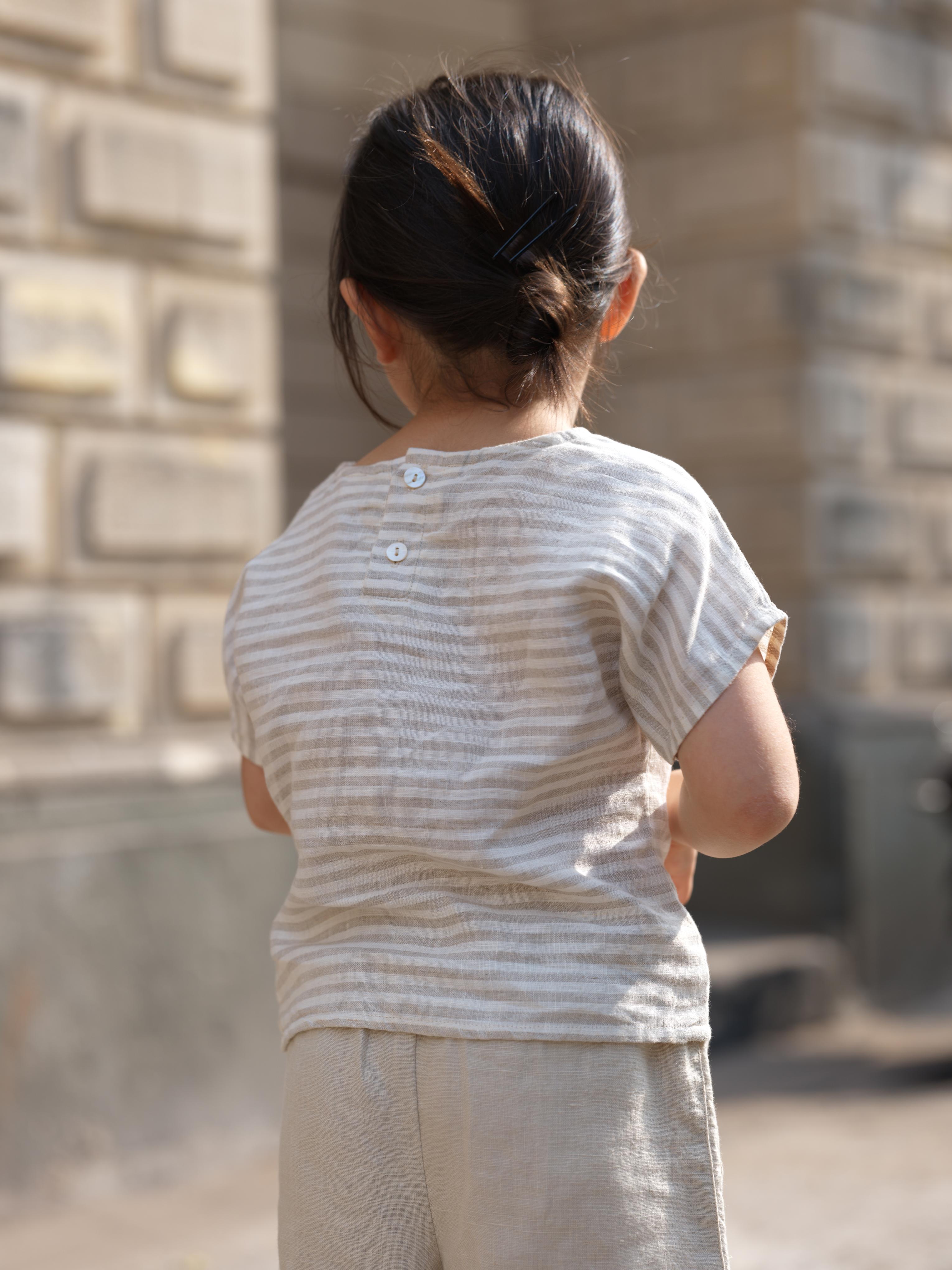 Girls Round Shoulder Top & Patch pocket Trousers Co-Ord set Beige Stripes / Oatmeal