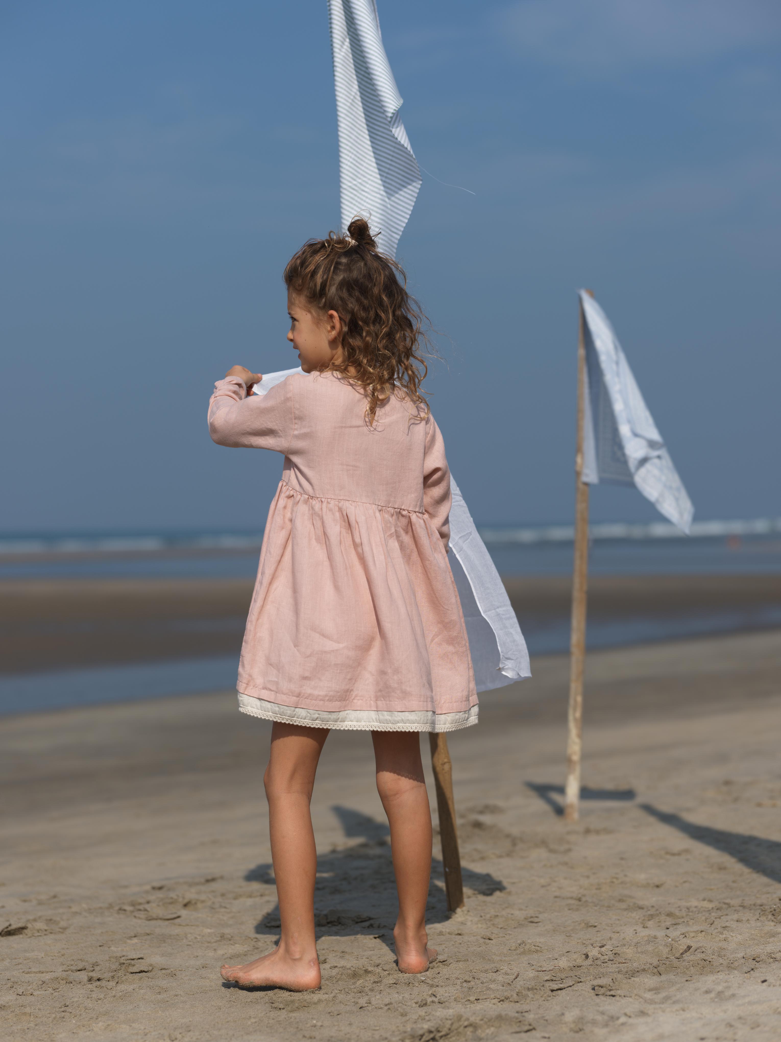Girl Elastic Long Sleeve Dress Flamingo