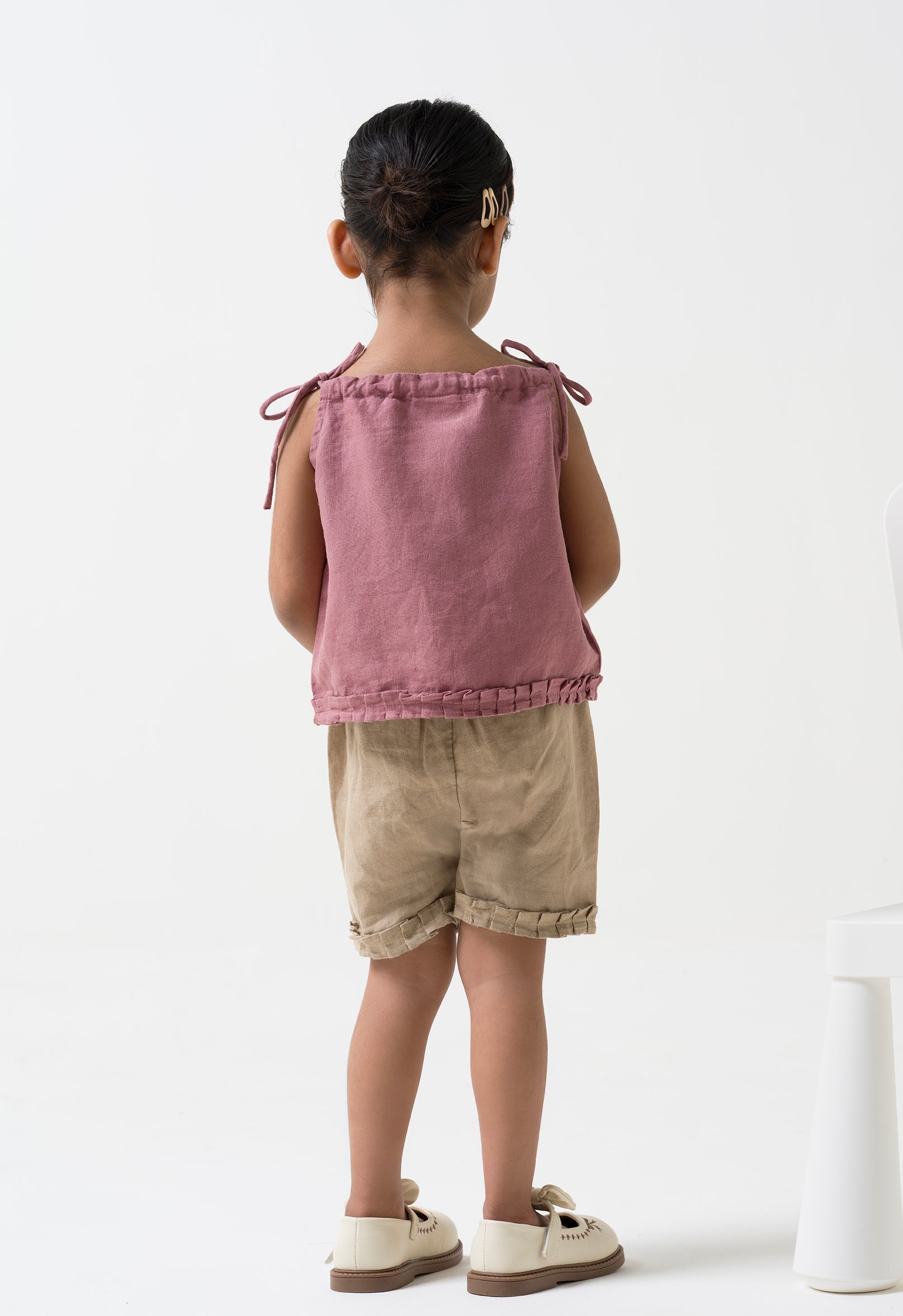 Linen Strap Ruffle Co-ords Set Top - Rose Gold B- Cookie & Cream