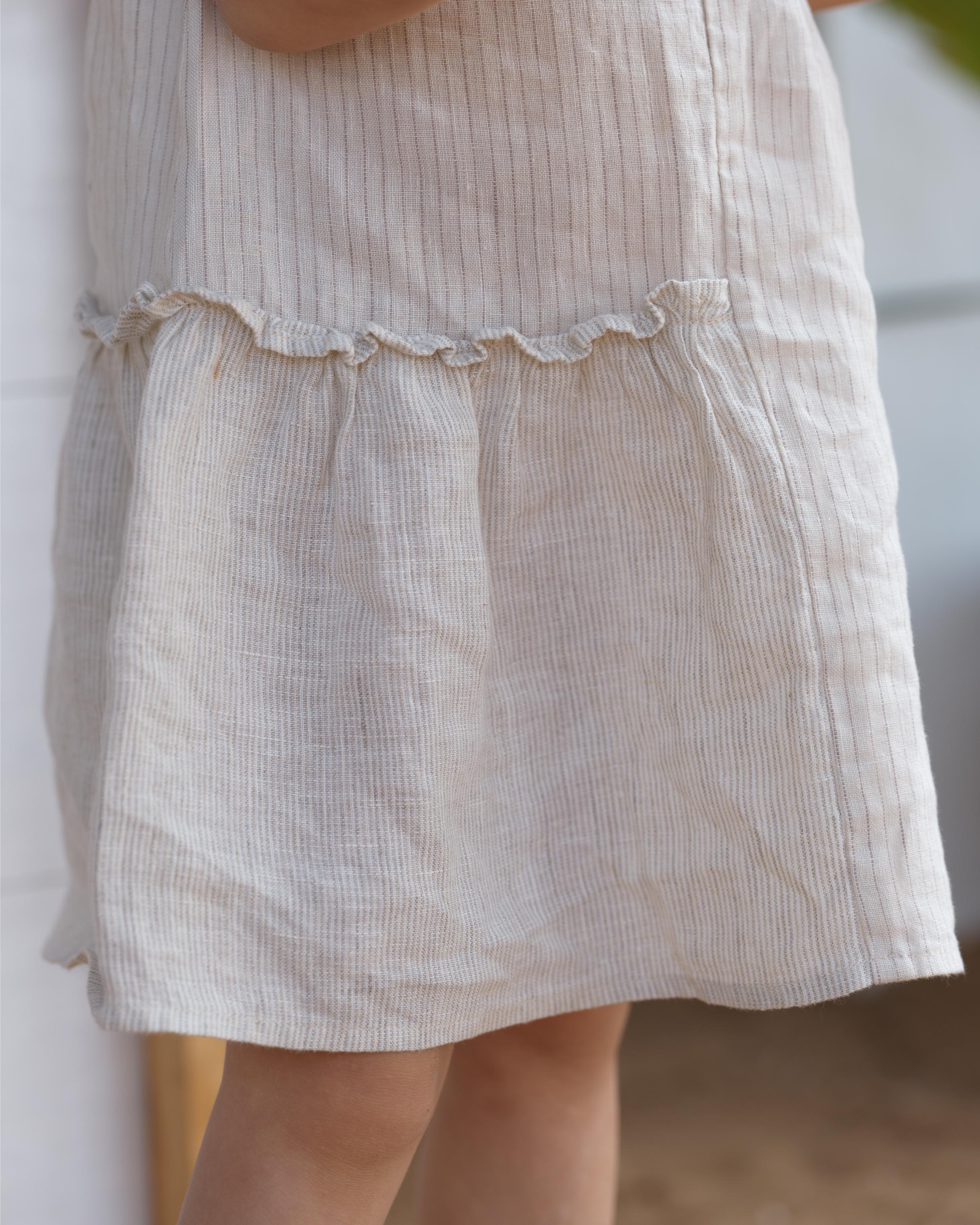 Girls Sleeveless Gathered Dress Beige Lines / Fade Fine Stripe