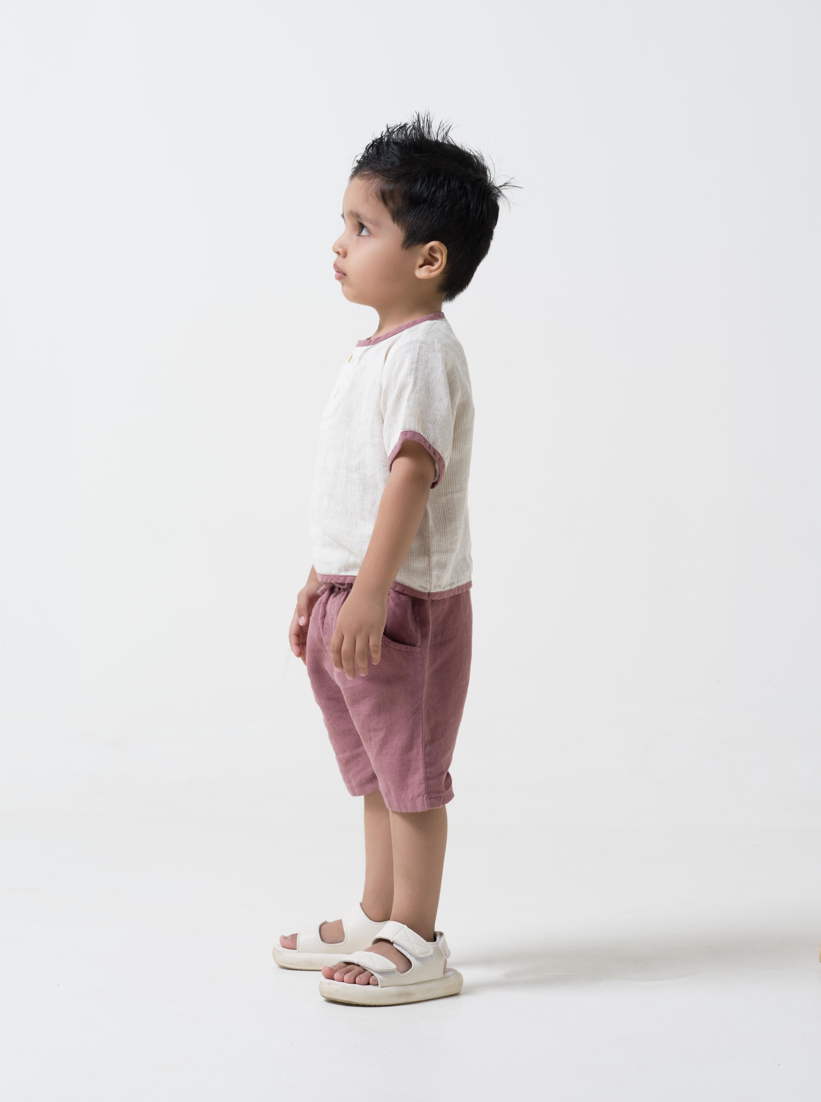 Drawstring Shorts & Shirt Set Shirt - Beige Hairline Stripe - Shorts Rose gold