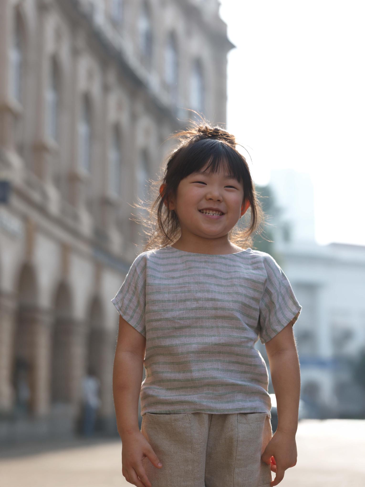 Girls Round Shoulder Top & Patch pocket Trousers Co-Ord set Sage Pencil Stripe / Natural swaps