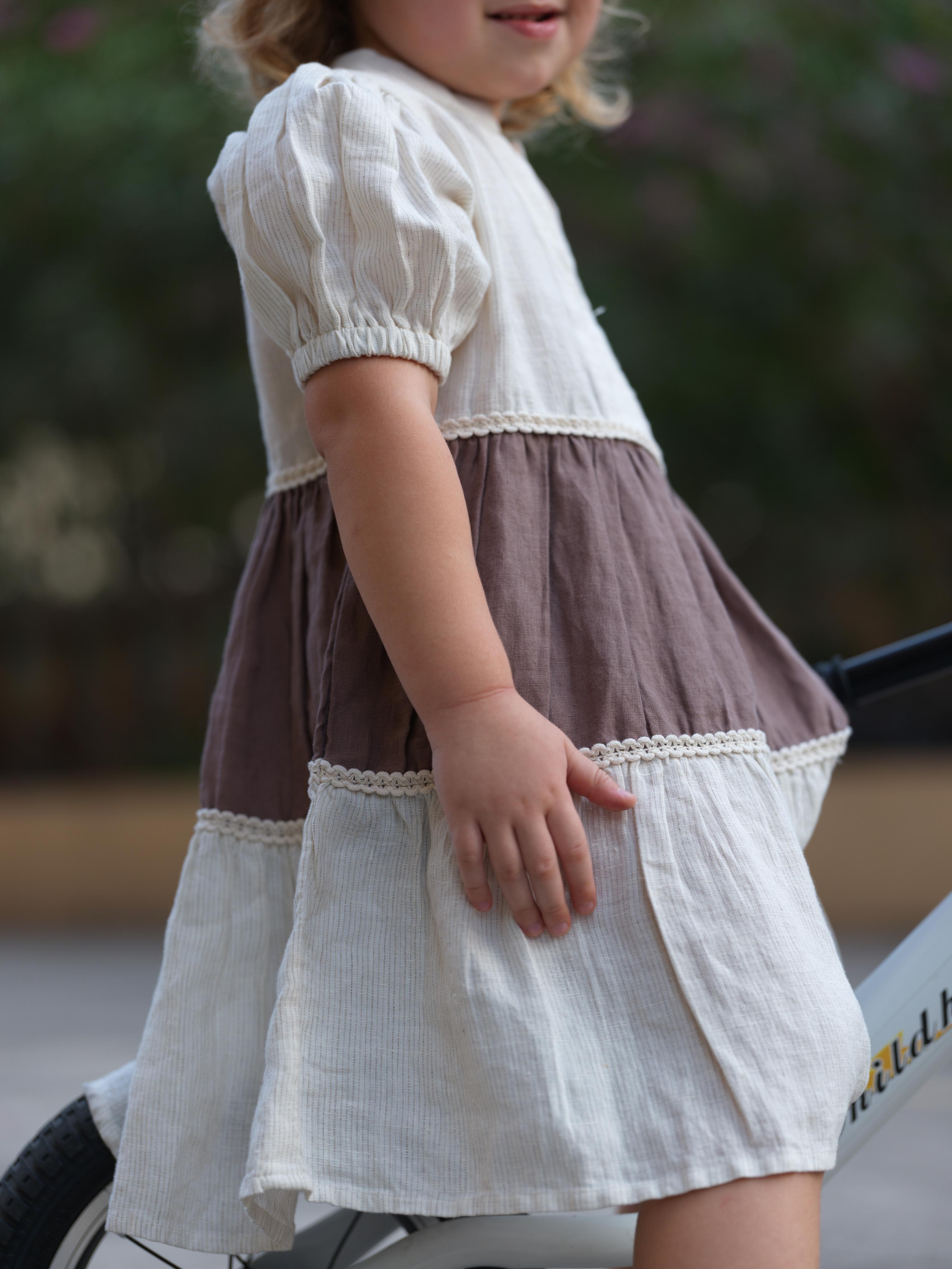 Girls 3 Tier V-Neck Dress Beige Hairline Stripe / Brown