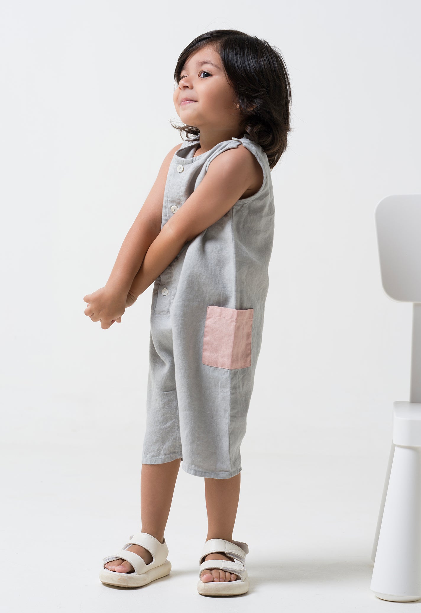 Patch Pocket Romper - Cloud Grey Pocket - Flamingo