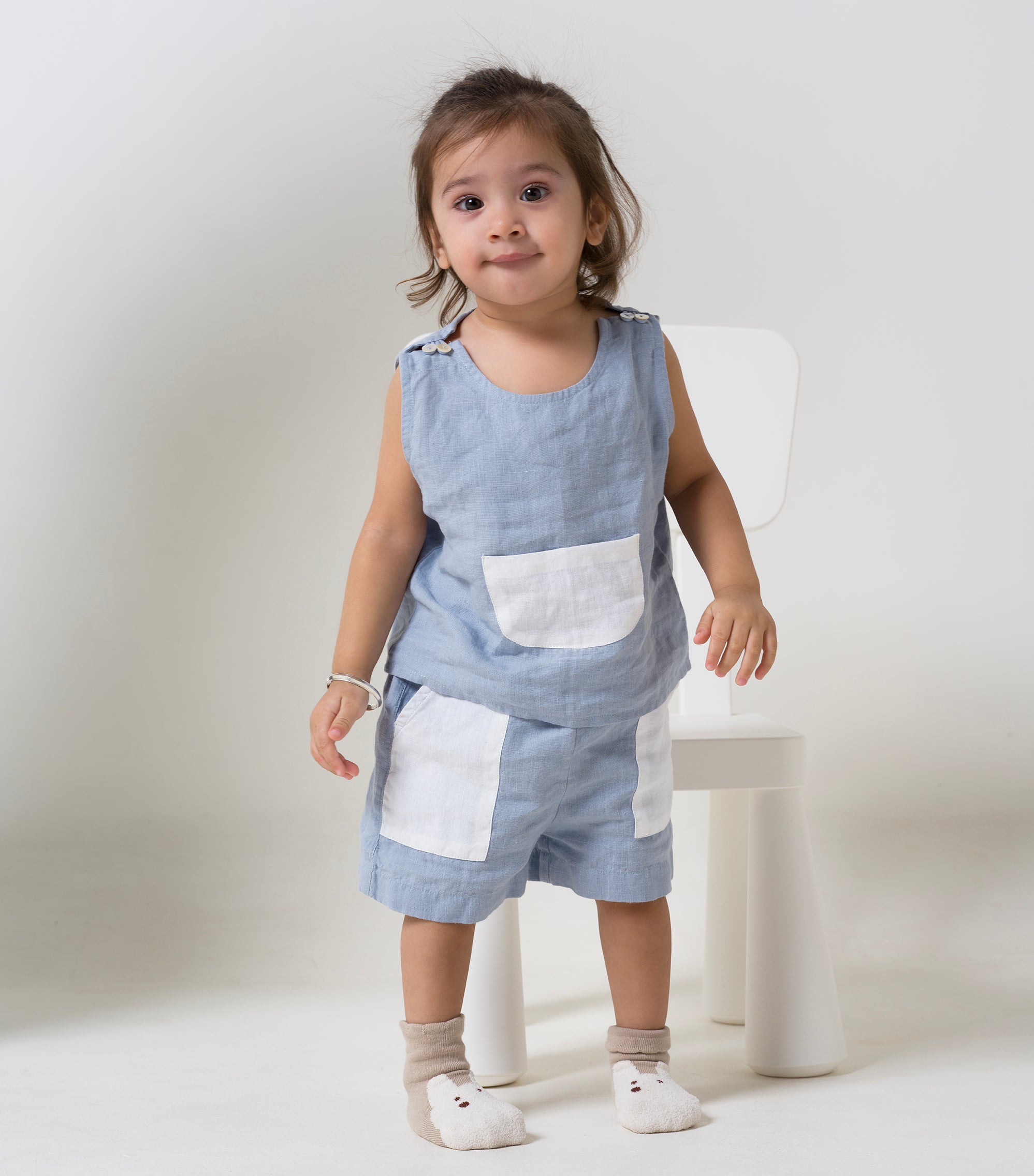 Patch Pocket Top & Bottom Set Pacific blue Pocket - White