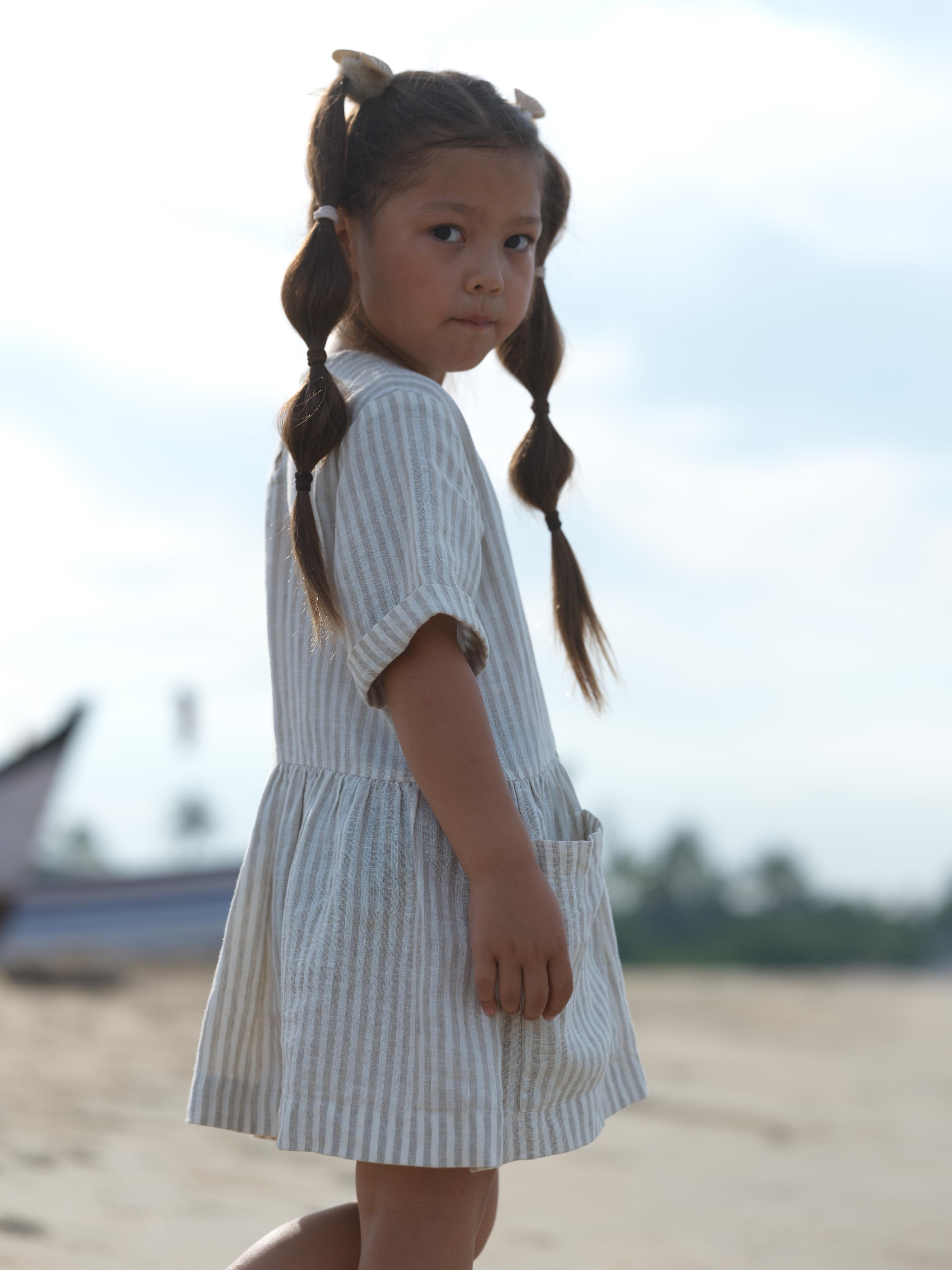 Girl Patch Pocket Drop Shoulder Dress Beige Stripes