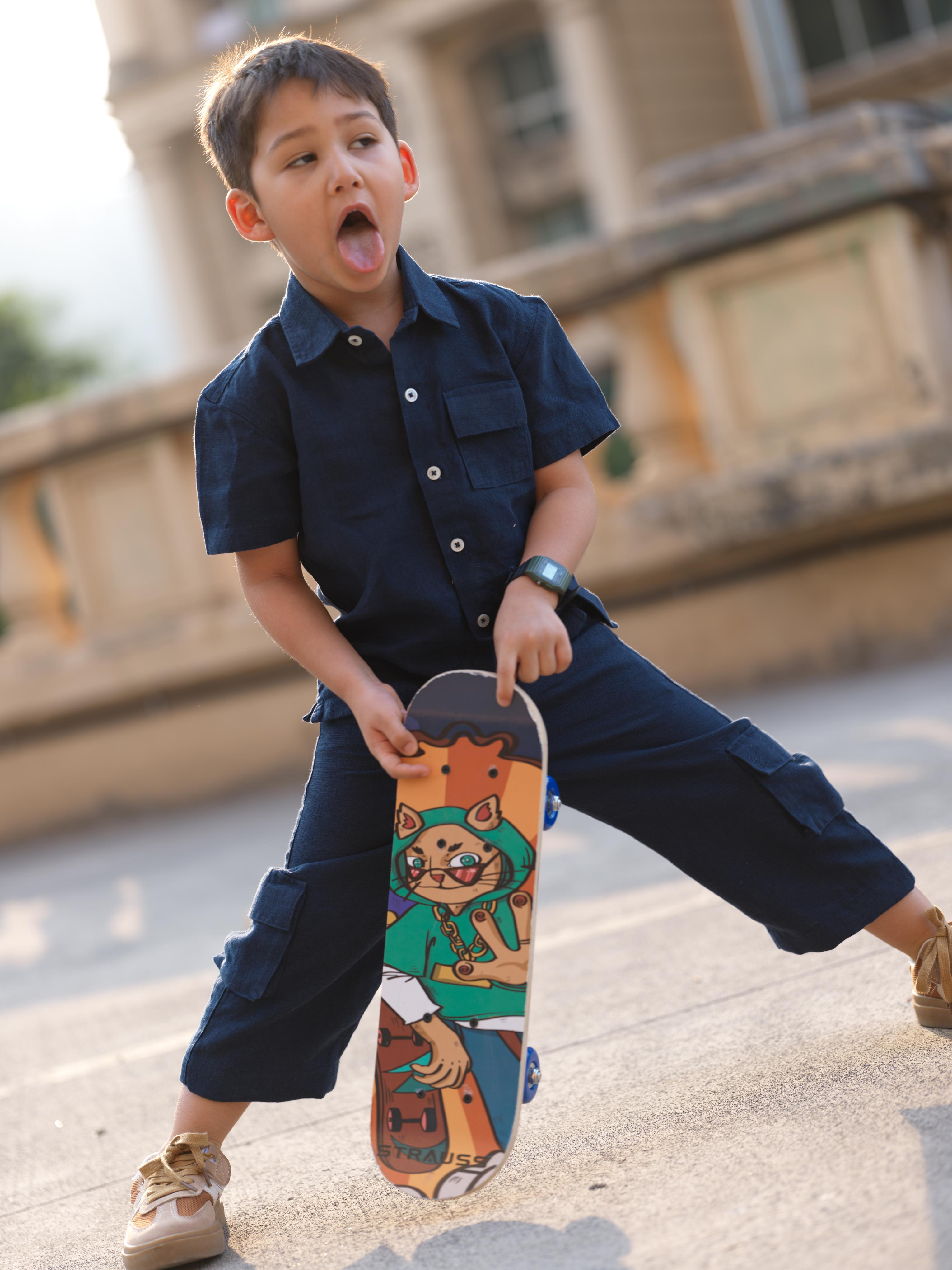 Boys Half-Sleeve Shirt & Cargo Trousers Co-Ord Navy Blue