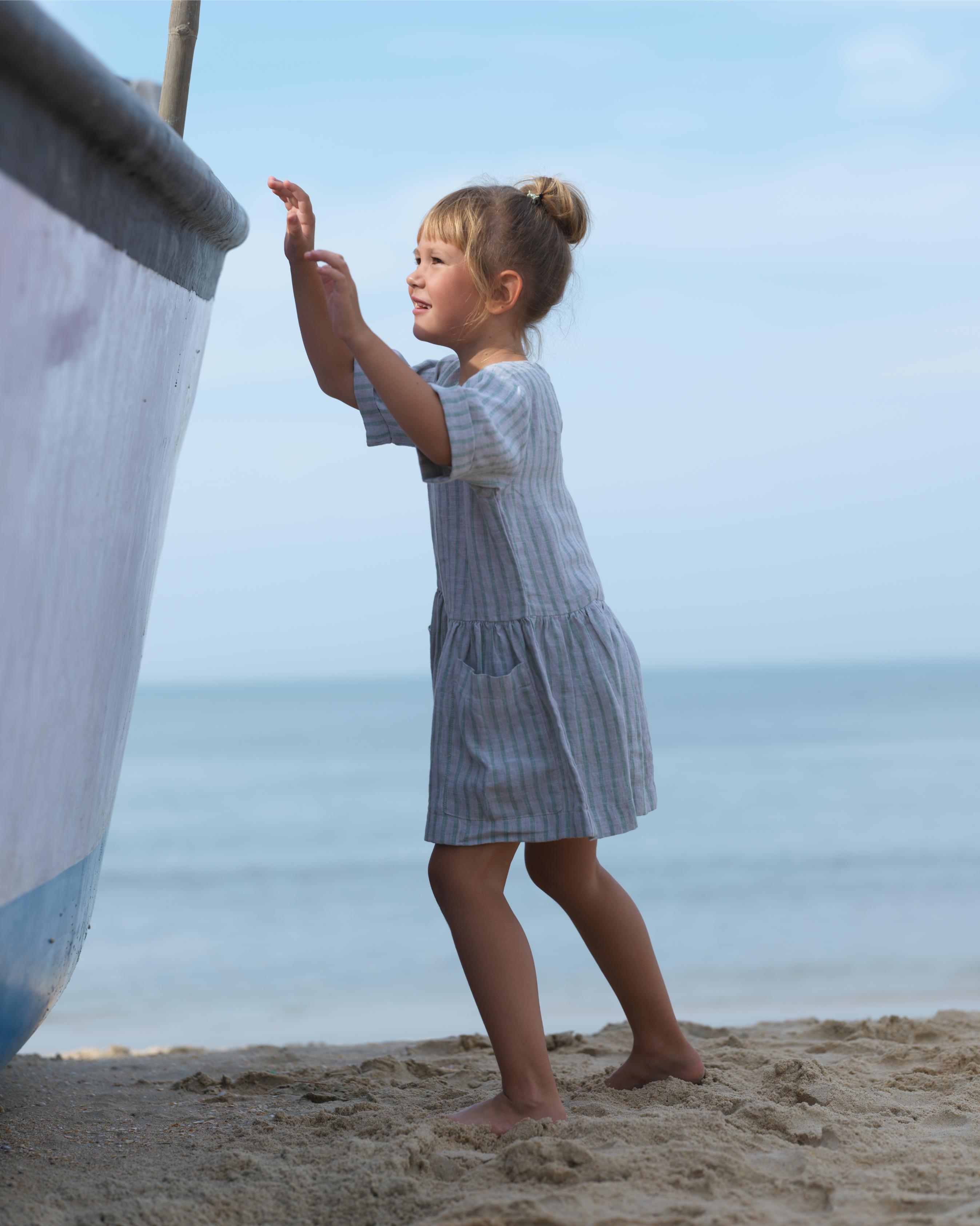 Girl Patch Pocket Drop Shoulder Dress Sage Pencil Stripe