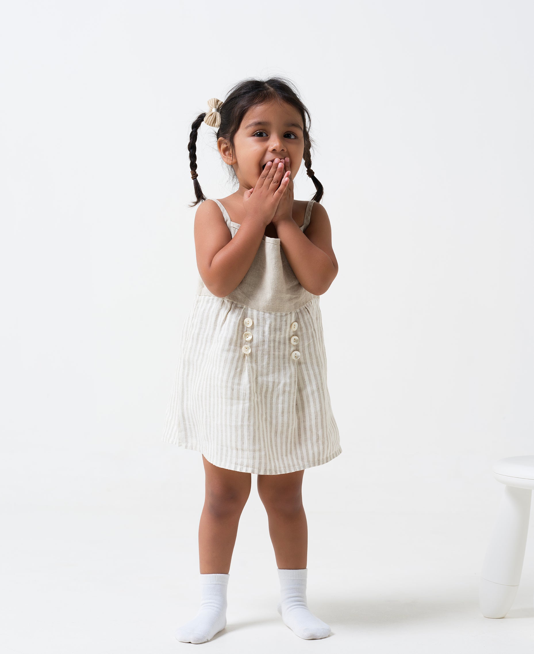 Buttons Detailed Frock Yoke - Natural Dress - TD7