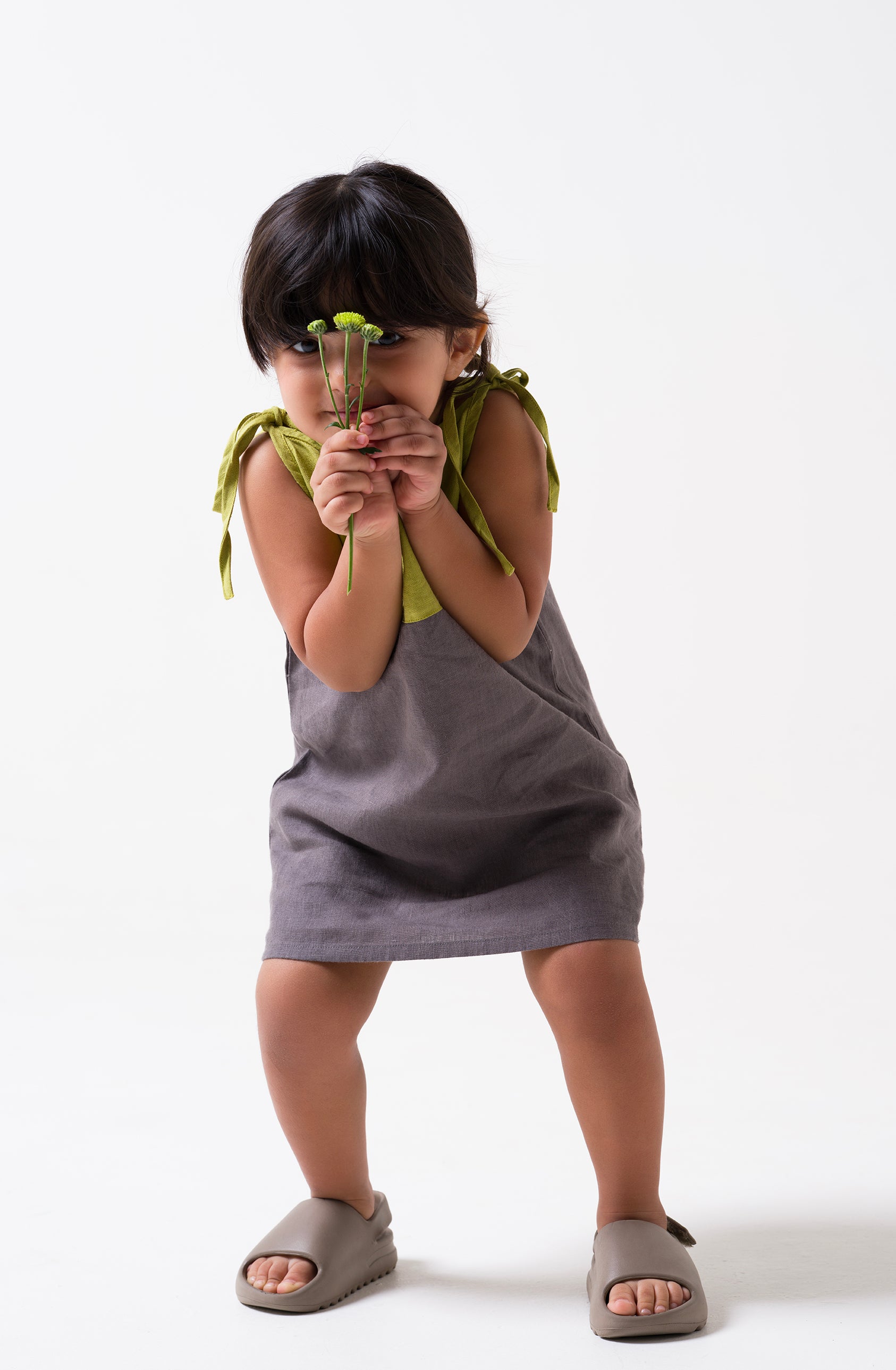 2 Colours Tie-up Frock Yoke - Kiwi Green Frock - Stone Grey