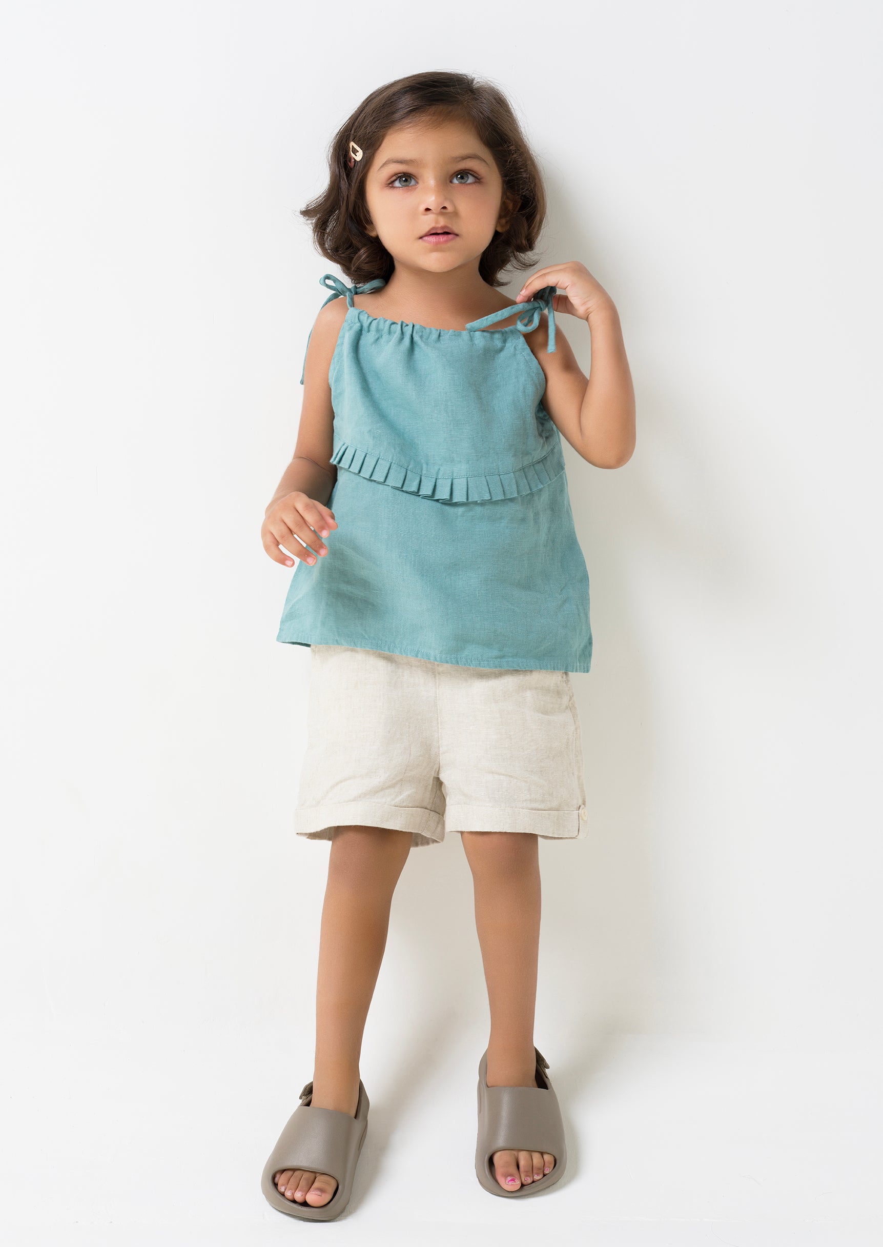 Printed Tie-Strap Pleated Co-Ord Set T - Pine Green B - Cookie & Cream