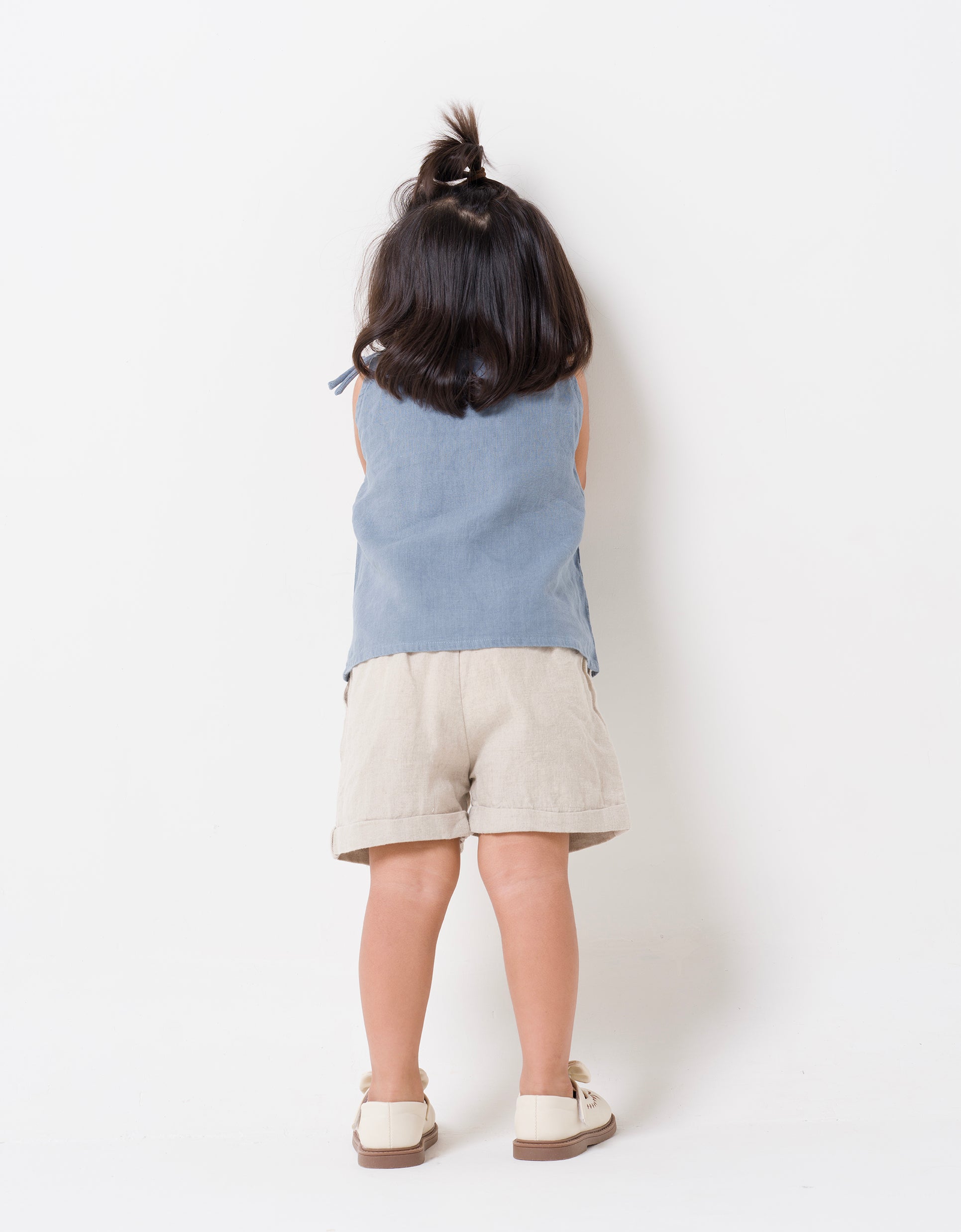 Linen tie strap pleated co-ords set T - Airforce Blue - B - Natural