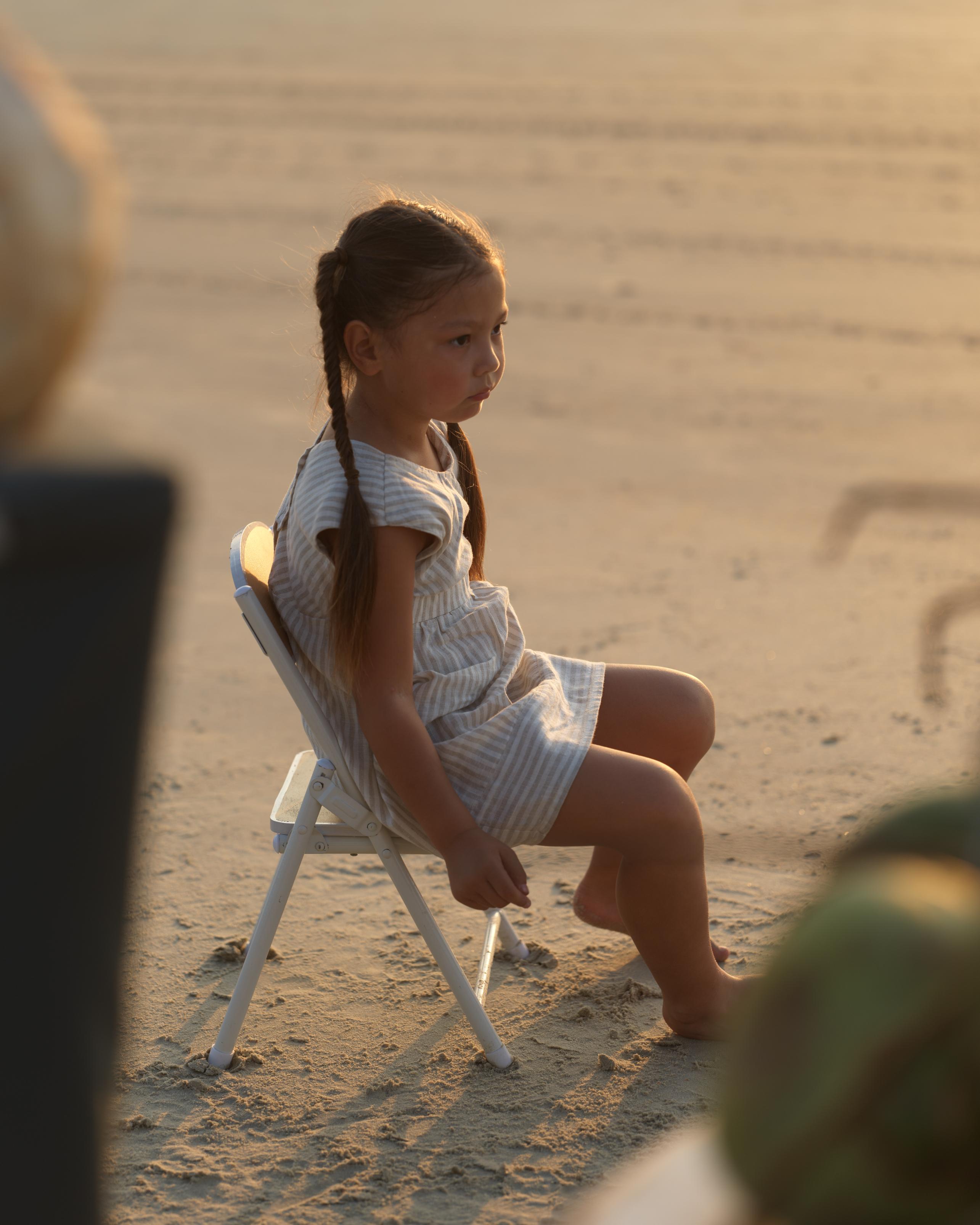 Girls Round Neck Back Opening DressBeige Stripes