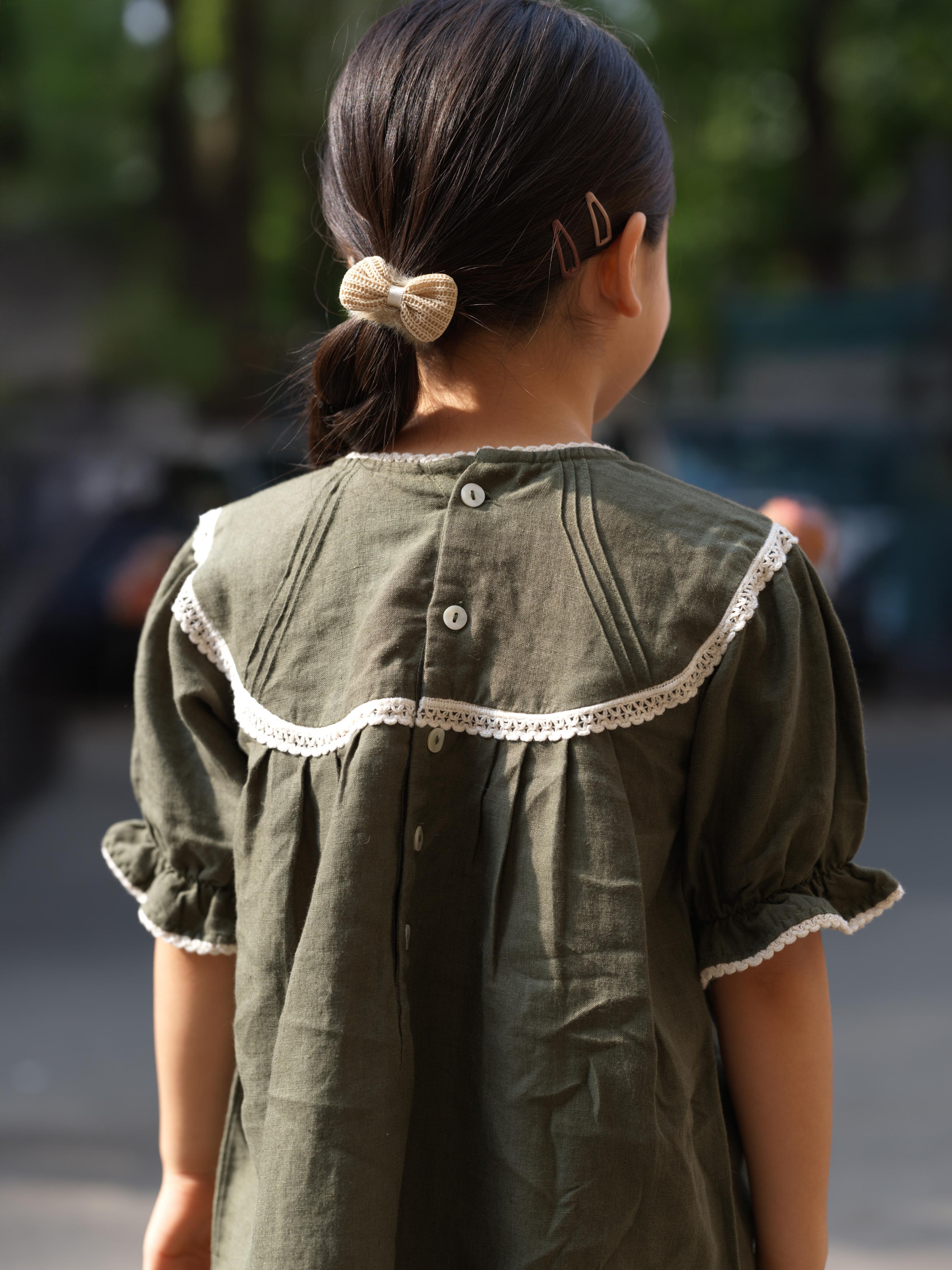 Girls Puff Sleeve Vintage Dress Crocodile Green