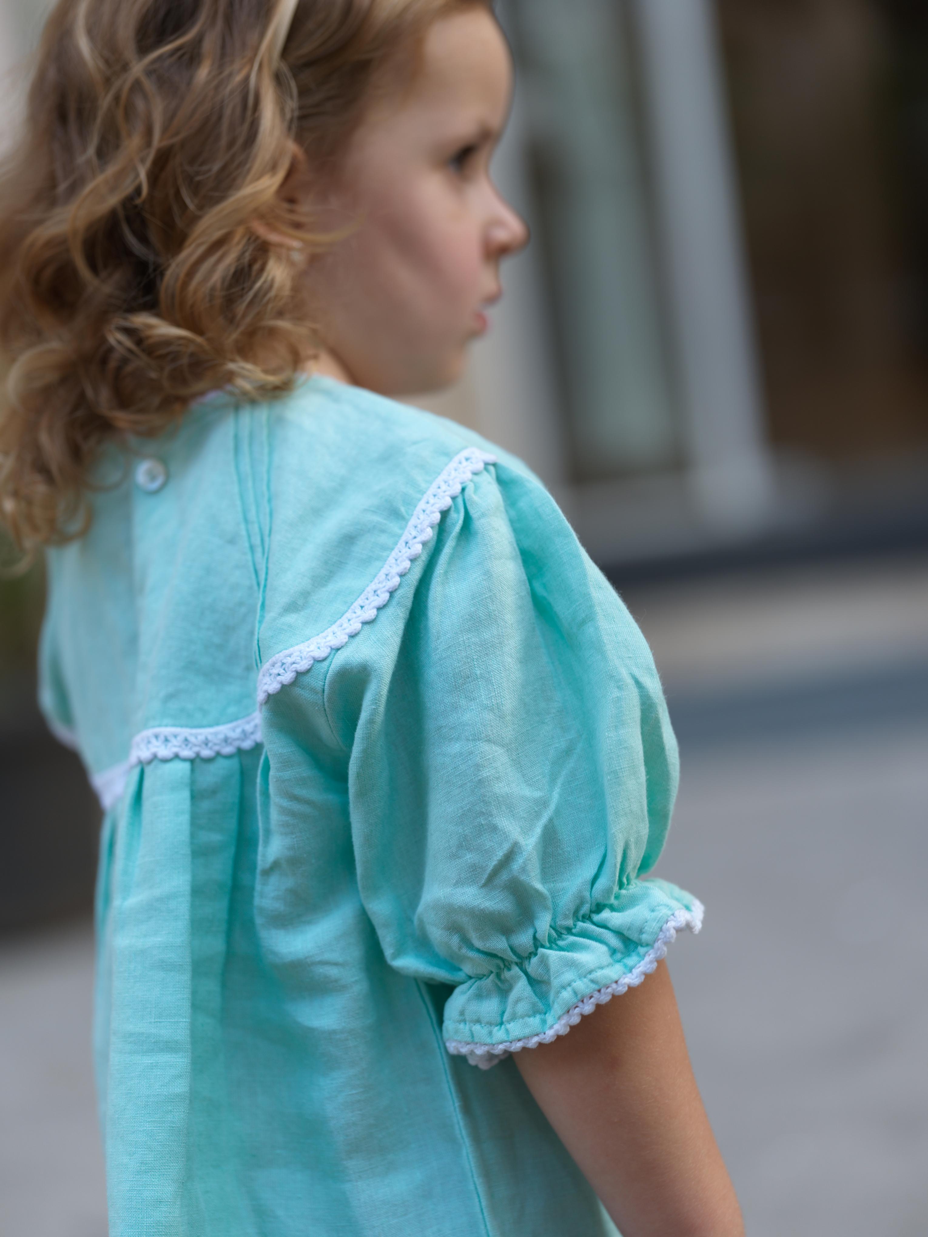 Girls Puff Sleeve Vintage Dress Celestial Green