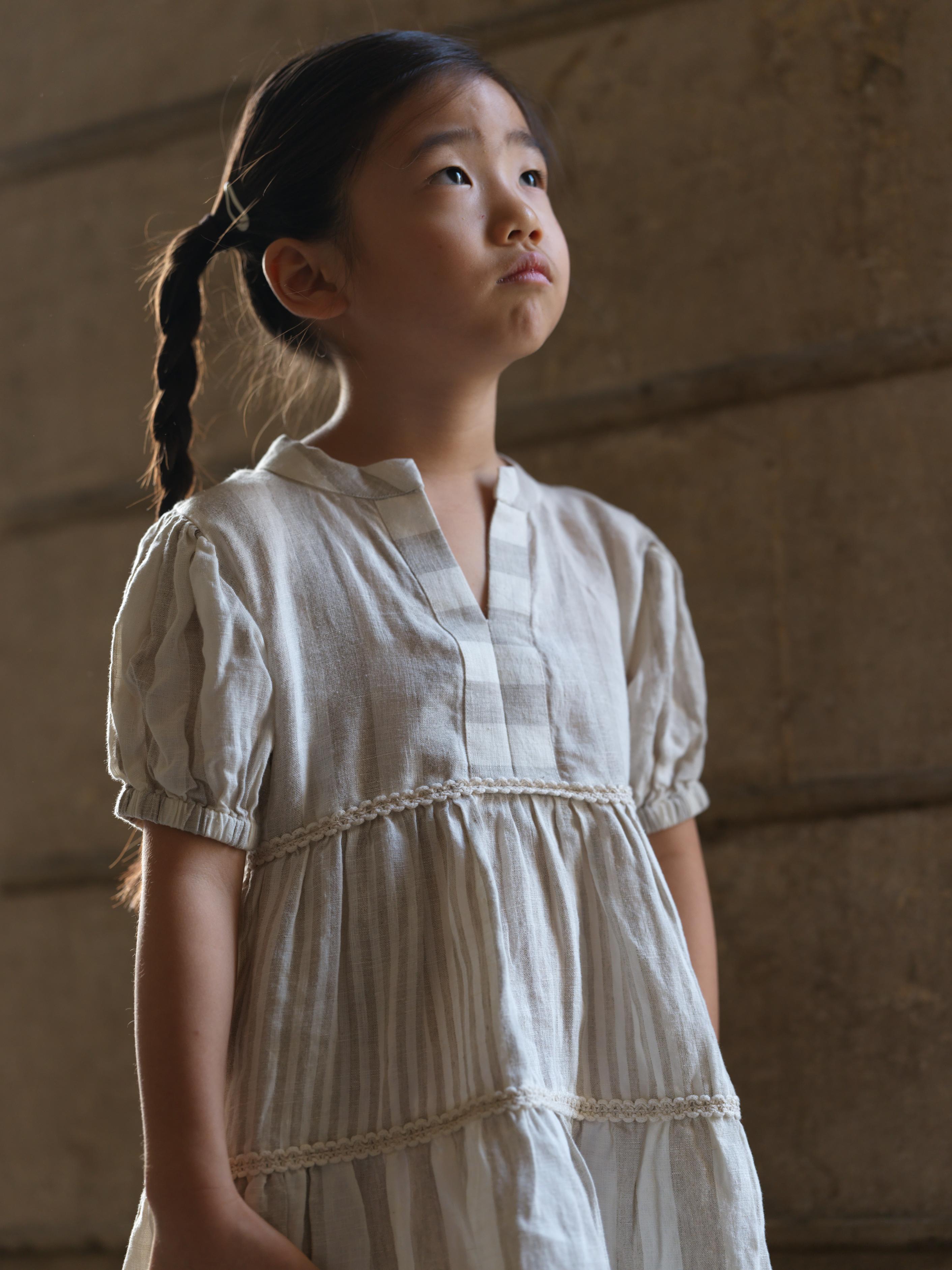 Girls 3 Tier V-Neck Dress Beige Cabana Stripe