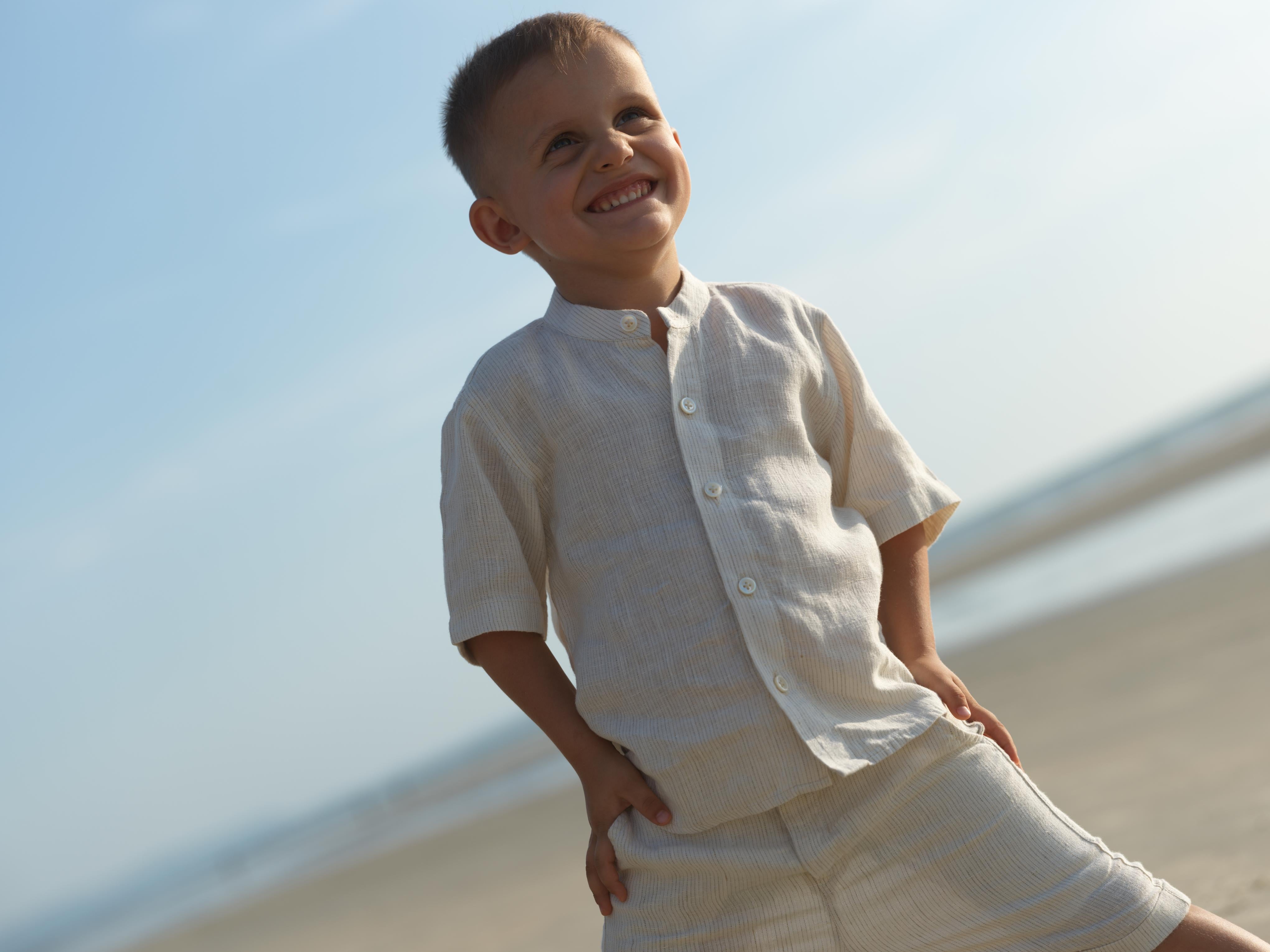 Boys Mandarin Collar Shirt & Shorts Co-Ord Beige