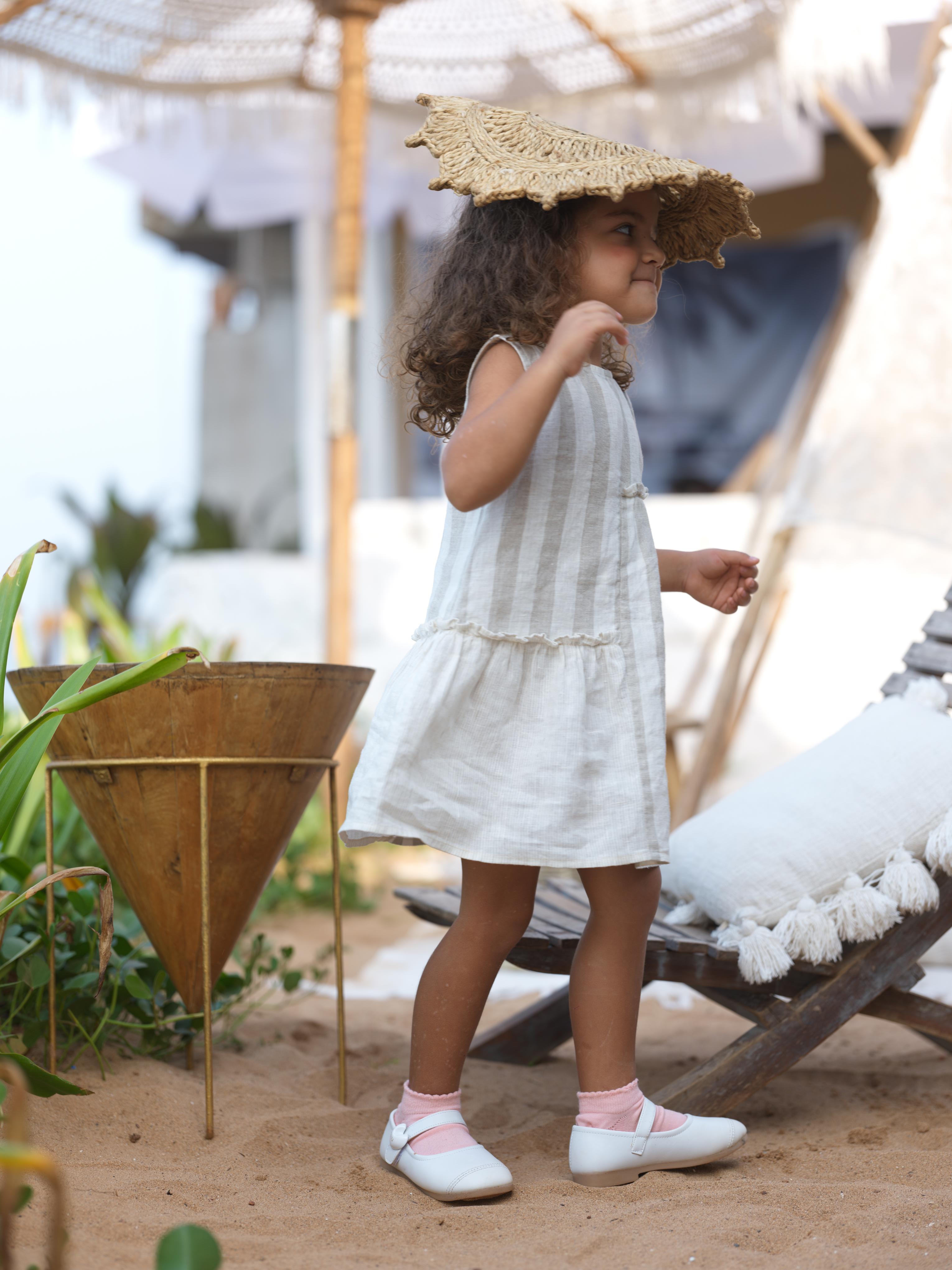 Girls Sleeveless Gathered Dress Beige Cabana Stripe / Beige Hairline Stripe