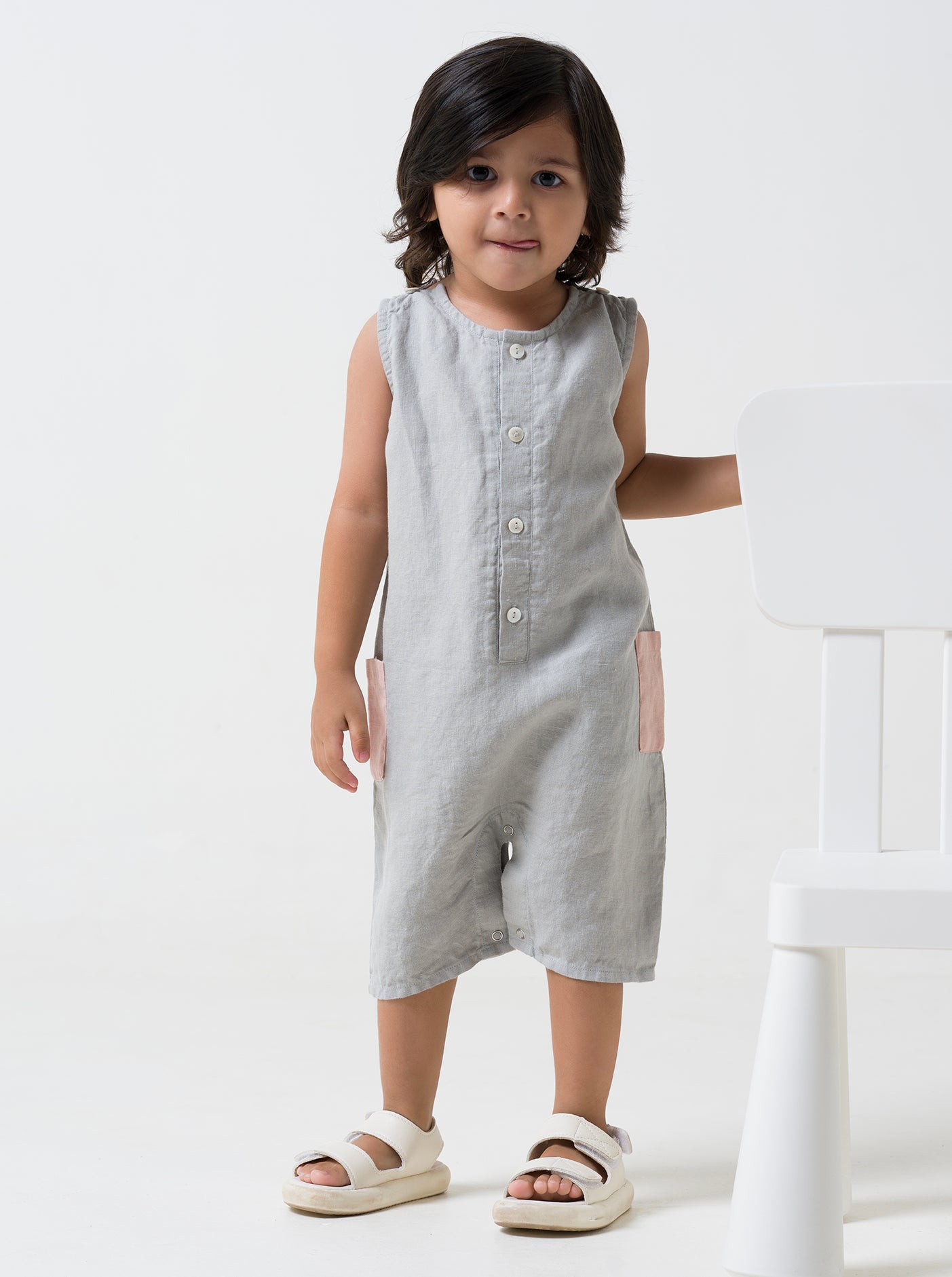 Patch Pocket Romper - Cloud Grey Pocket - Flamingo