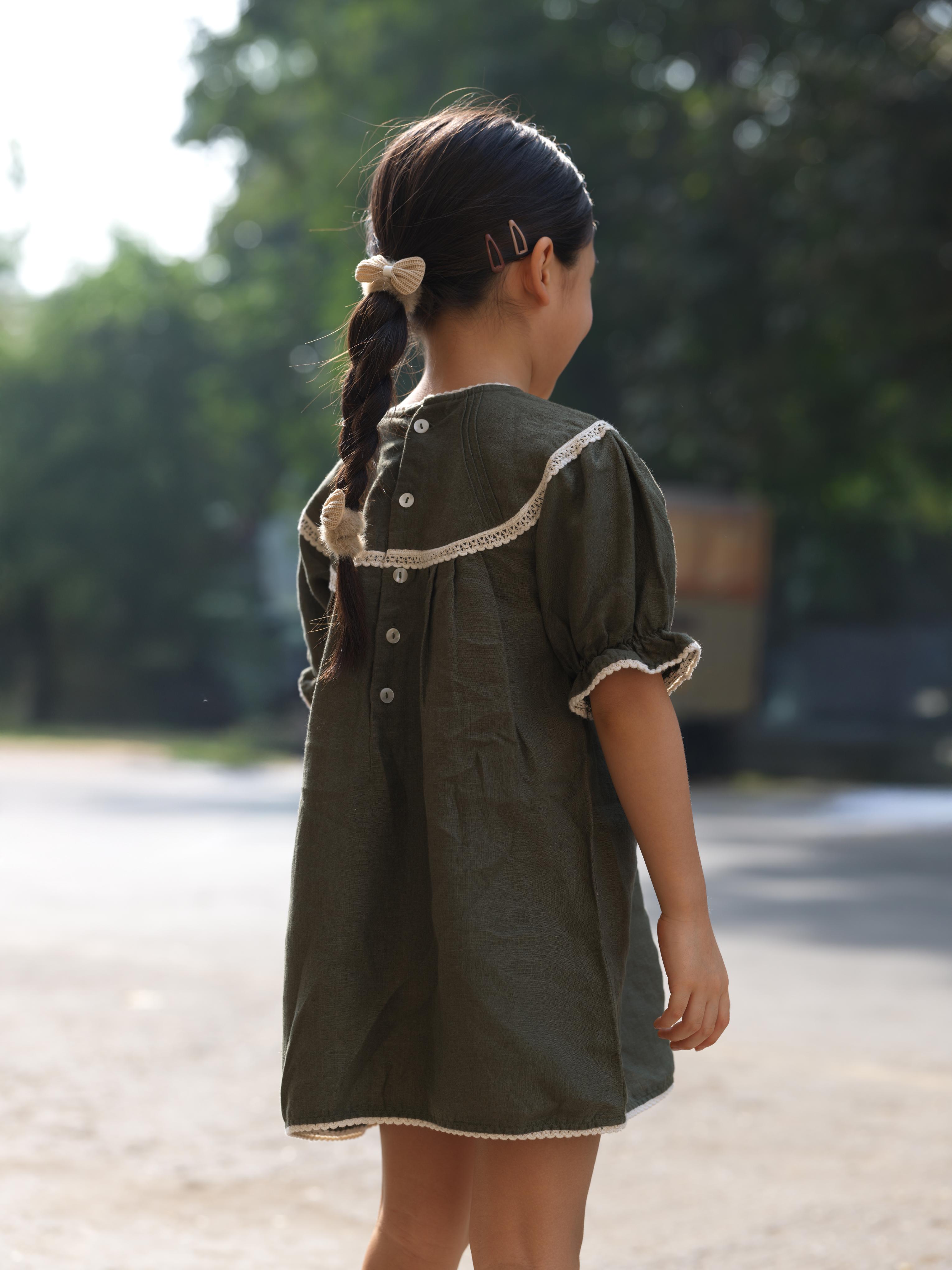 Girls Puff Sleeve Vintage Dress Crocodile Green