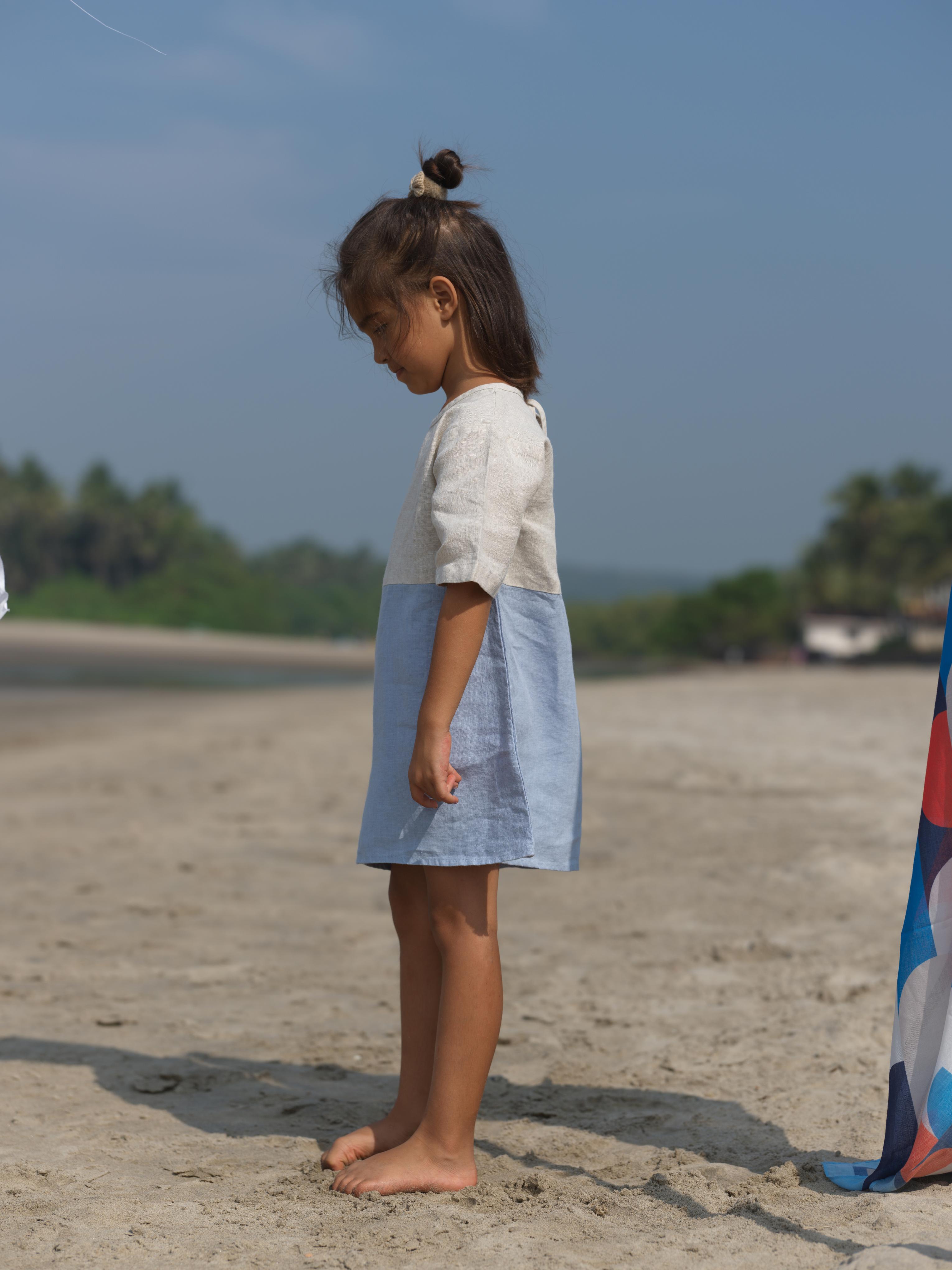 Girls Two Colour Casual Dress Cookie & Cream / Pacific Blue