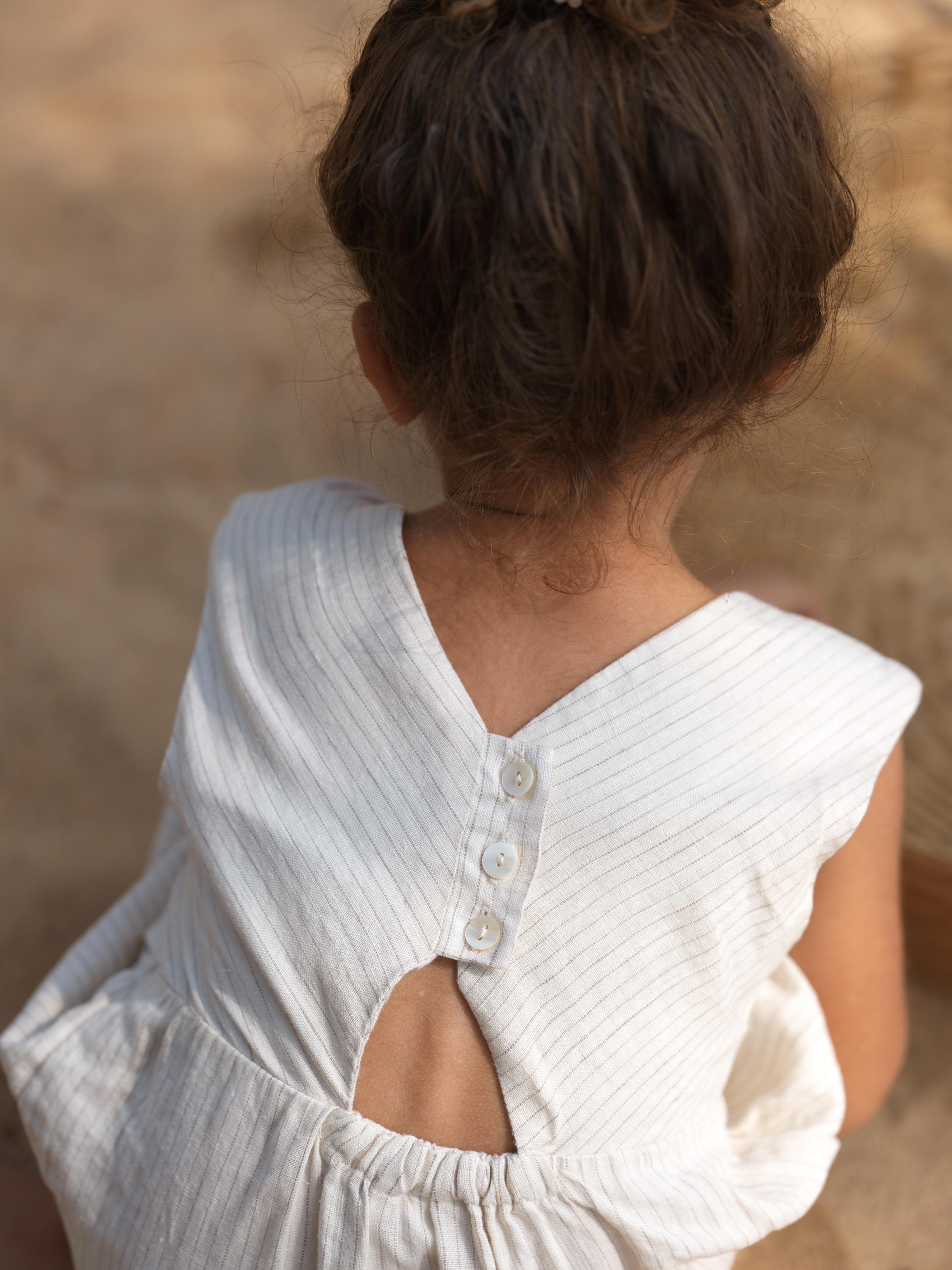 Girls Round Neck Back Opening Dress Beige Lines