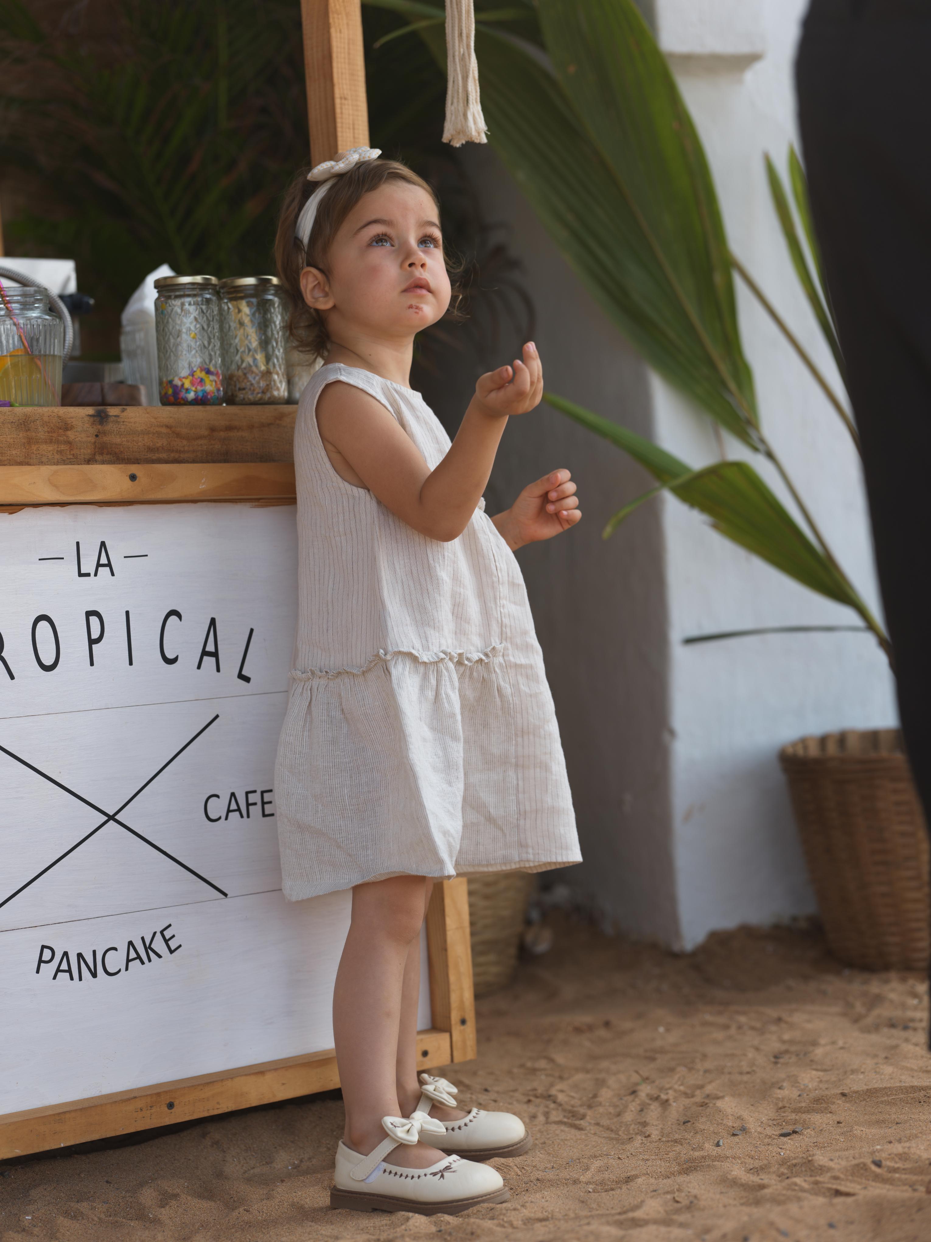 Girls Sleeveless Gathered Dress Beige Lines / Fade Fine Stripe