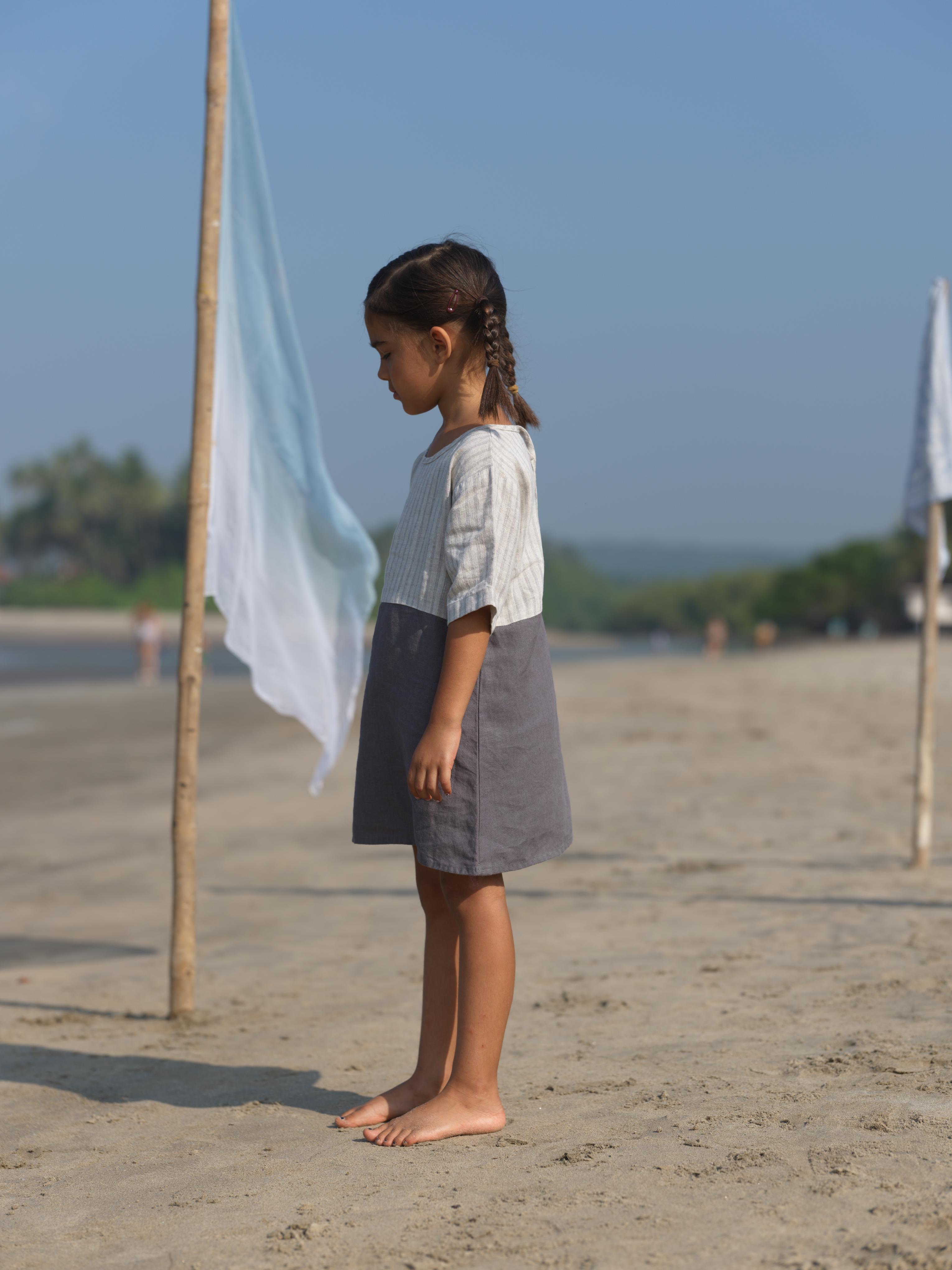 Girls Two Colour Casual Dress Cloud Grey Pencil Stripe / Stone Grey