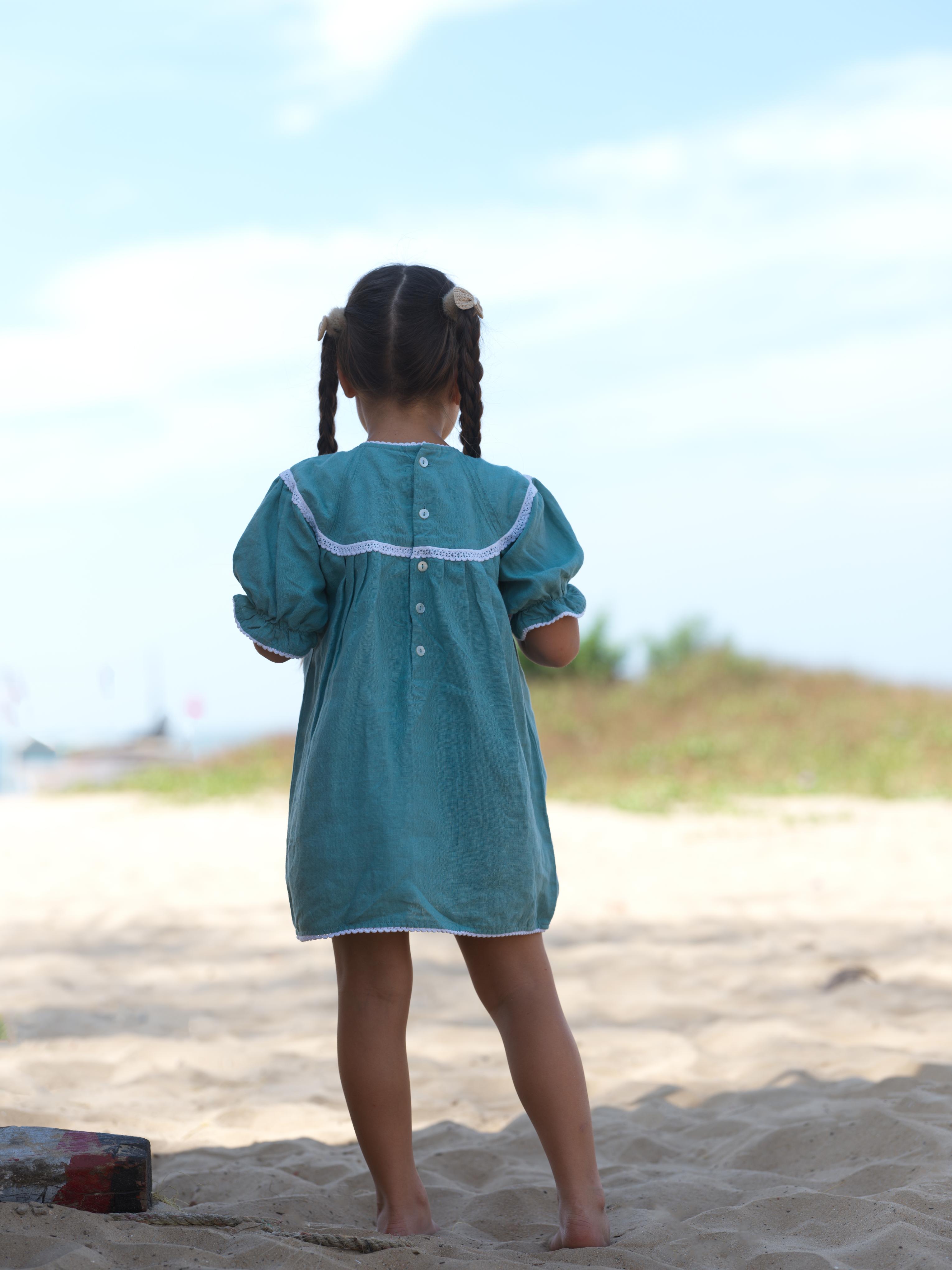 Girls Puff Sleeve Vintage Dress Pine Green