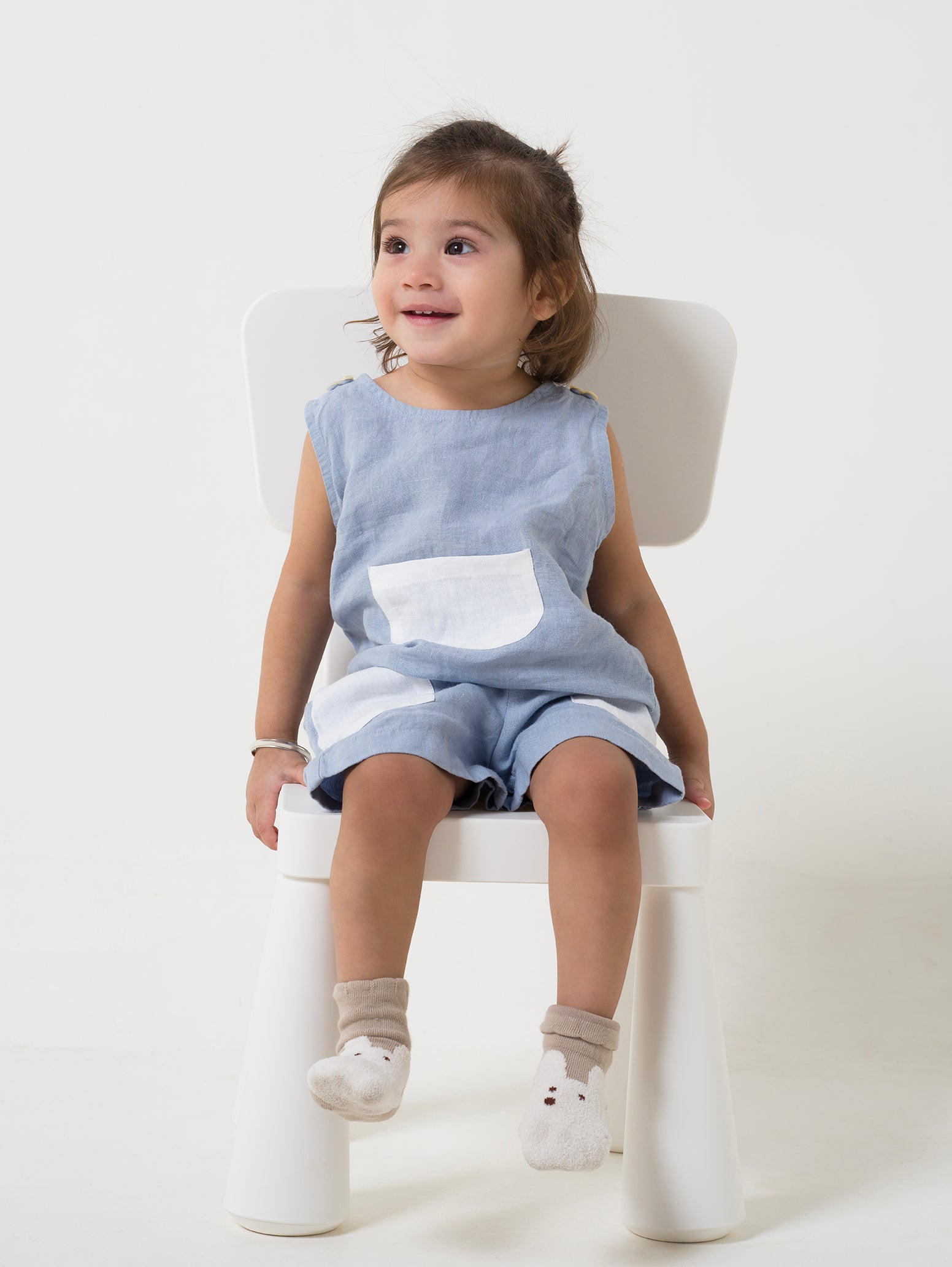 Patch Pocket Top & Bottom Set Pacific blue Pocket - White