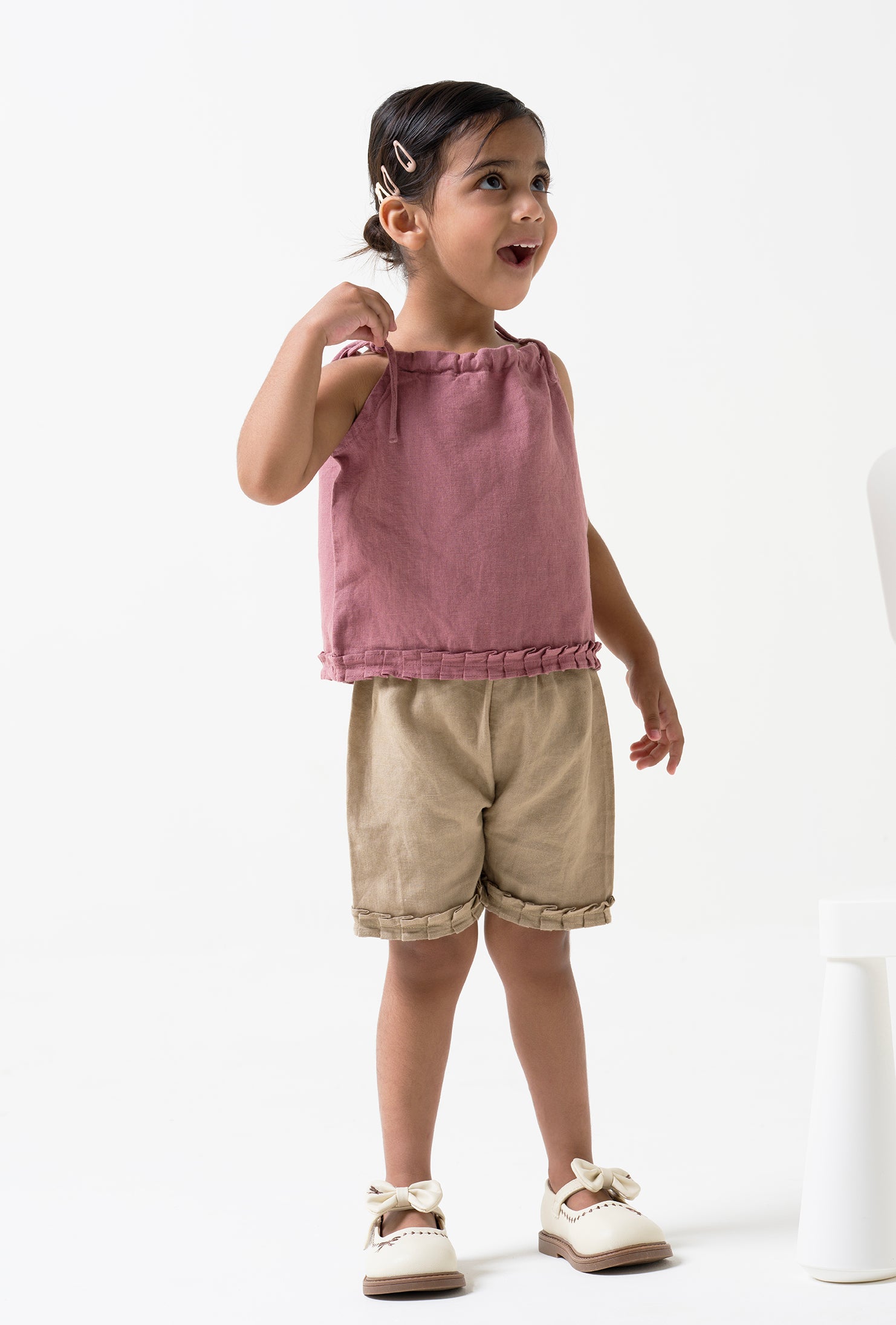 Linen Strap Ruffle Co-ords Set Top - Rose Gold B- Cookie & Cream