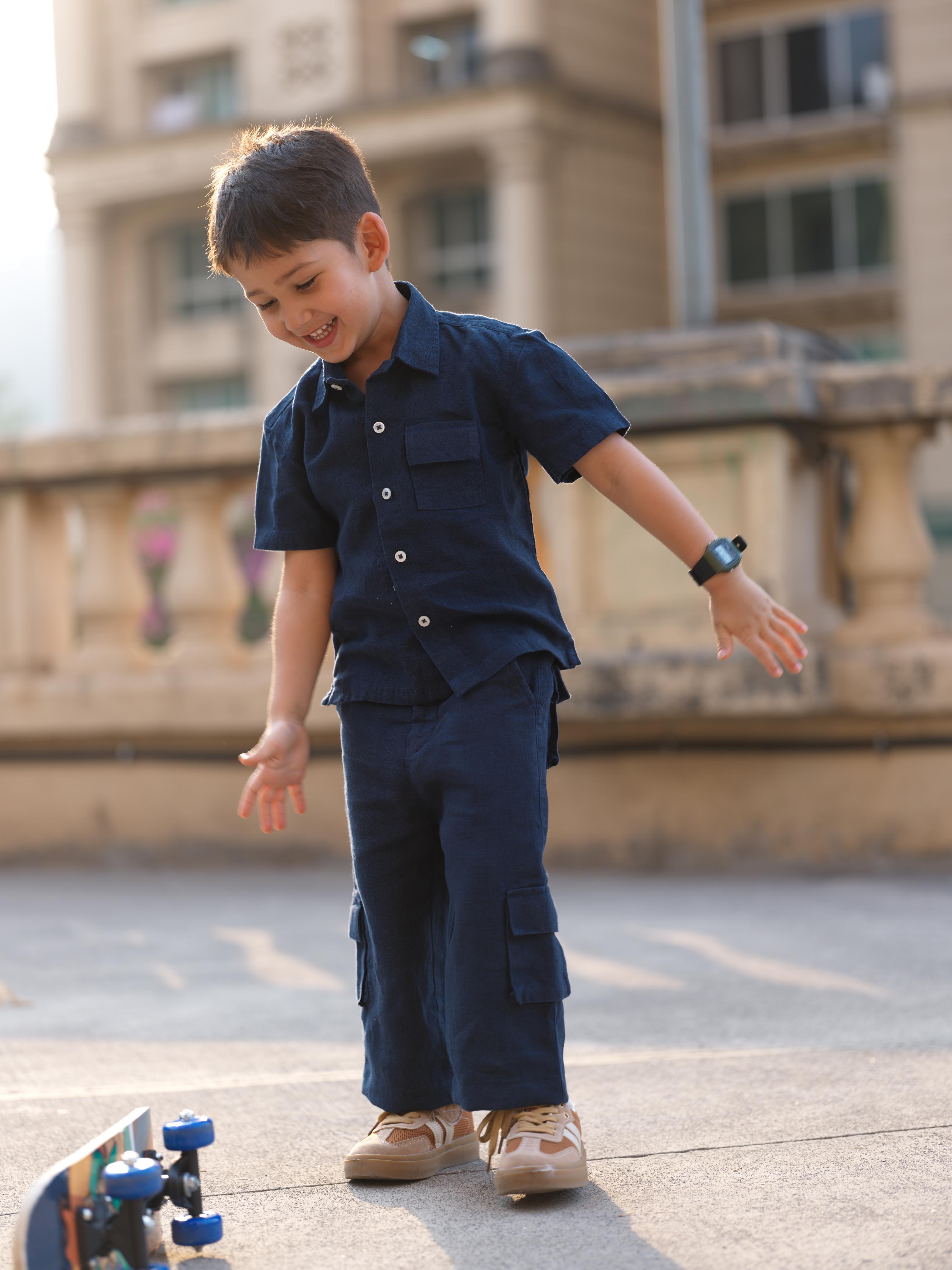 Boys Half-Sleeve Shirt & Cargo Trousers Co-Ord Navy Blue