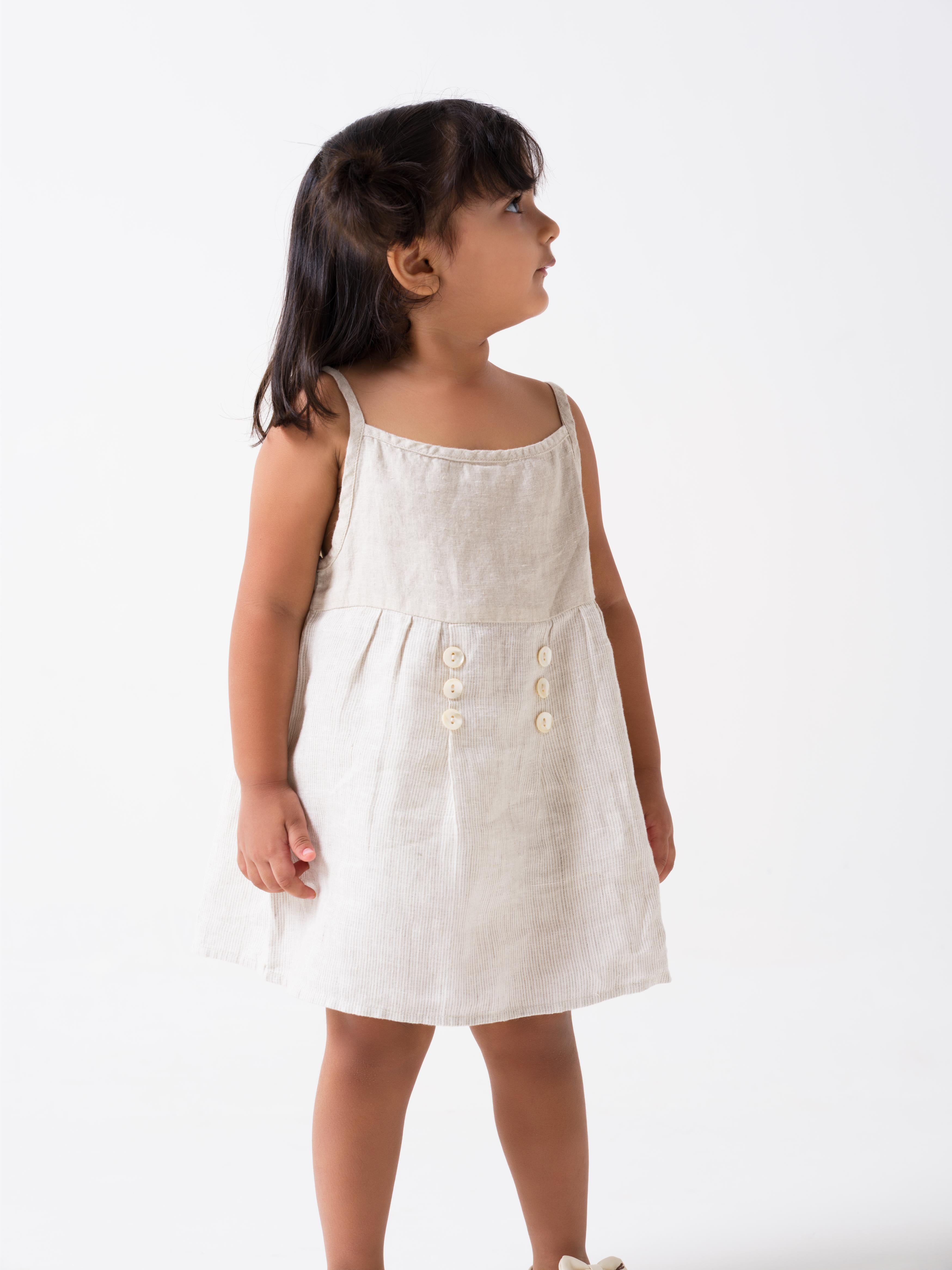 Buttons Detailed Frock Yoke - Cookie & Cream - Dress - Fade Fine Stripe