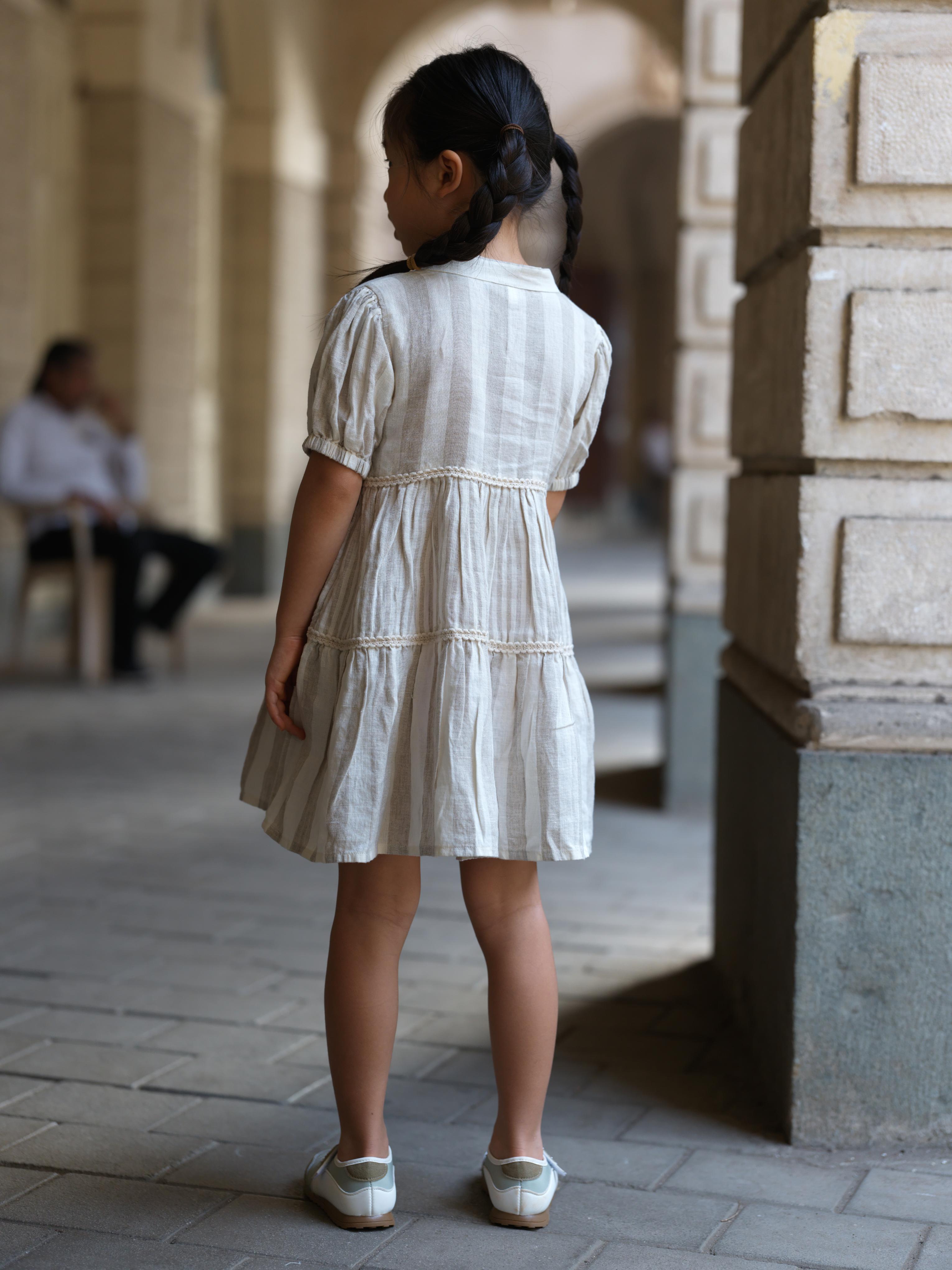 Girls 3 Tier V-Neck Dress Beige Cabana Stripe